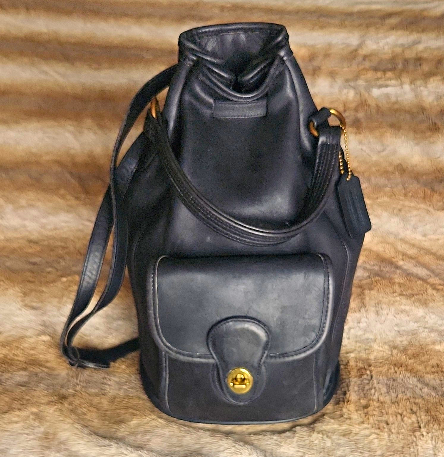 Coach Black Bucket Backpack, Drawstring & Turn Lock, Brass Hardware, Charm, 9992