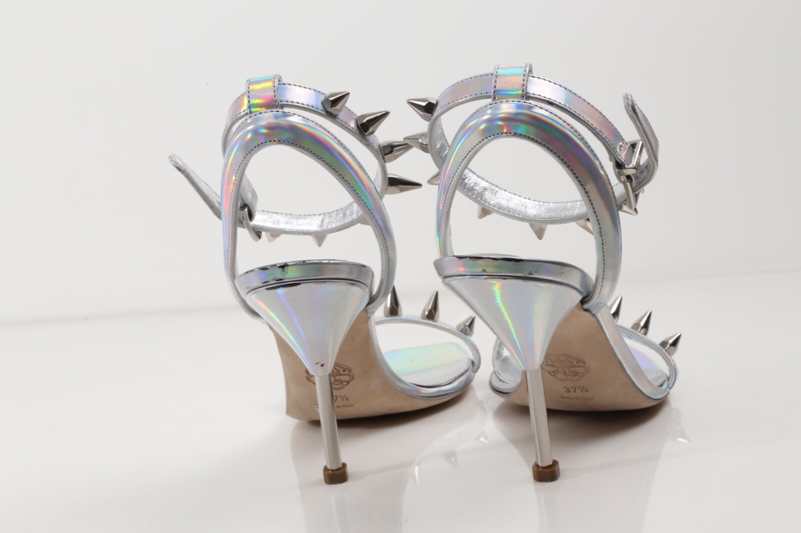 Alexander McQueen Metallic Silver Patent Leather Strappy Heel Sandals Size 37.5