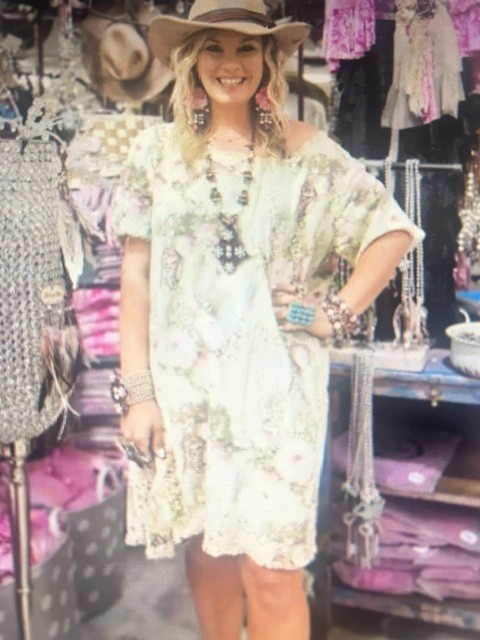 A Rare Bird Floral Butterfly Pink Green Linen Raw Edges Relaxed Tunic Dress NWT