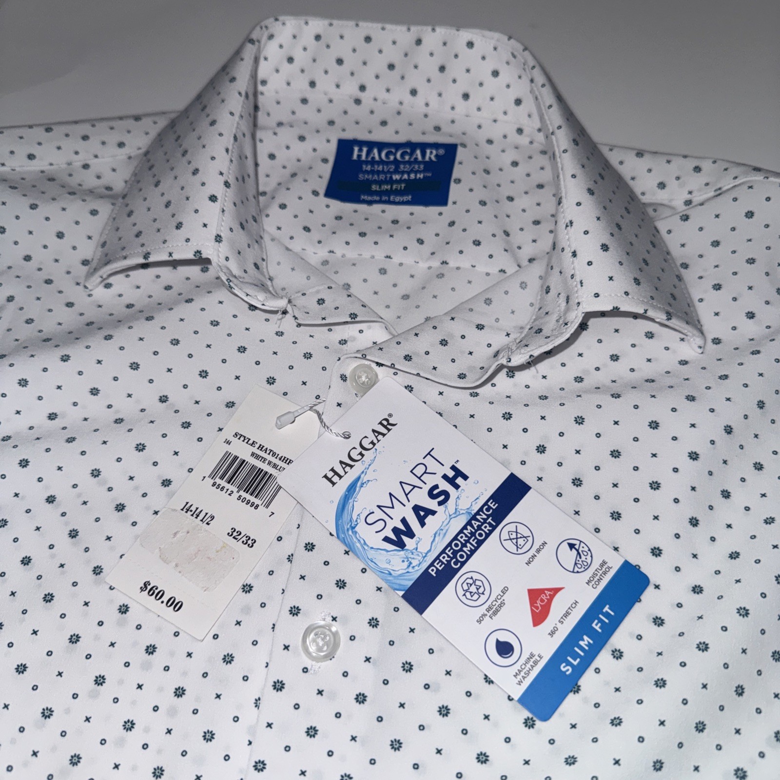 Men’s Haggar Button Up Shirt Long Sleeve White With Blue Print – Slim Fit