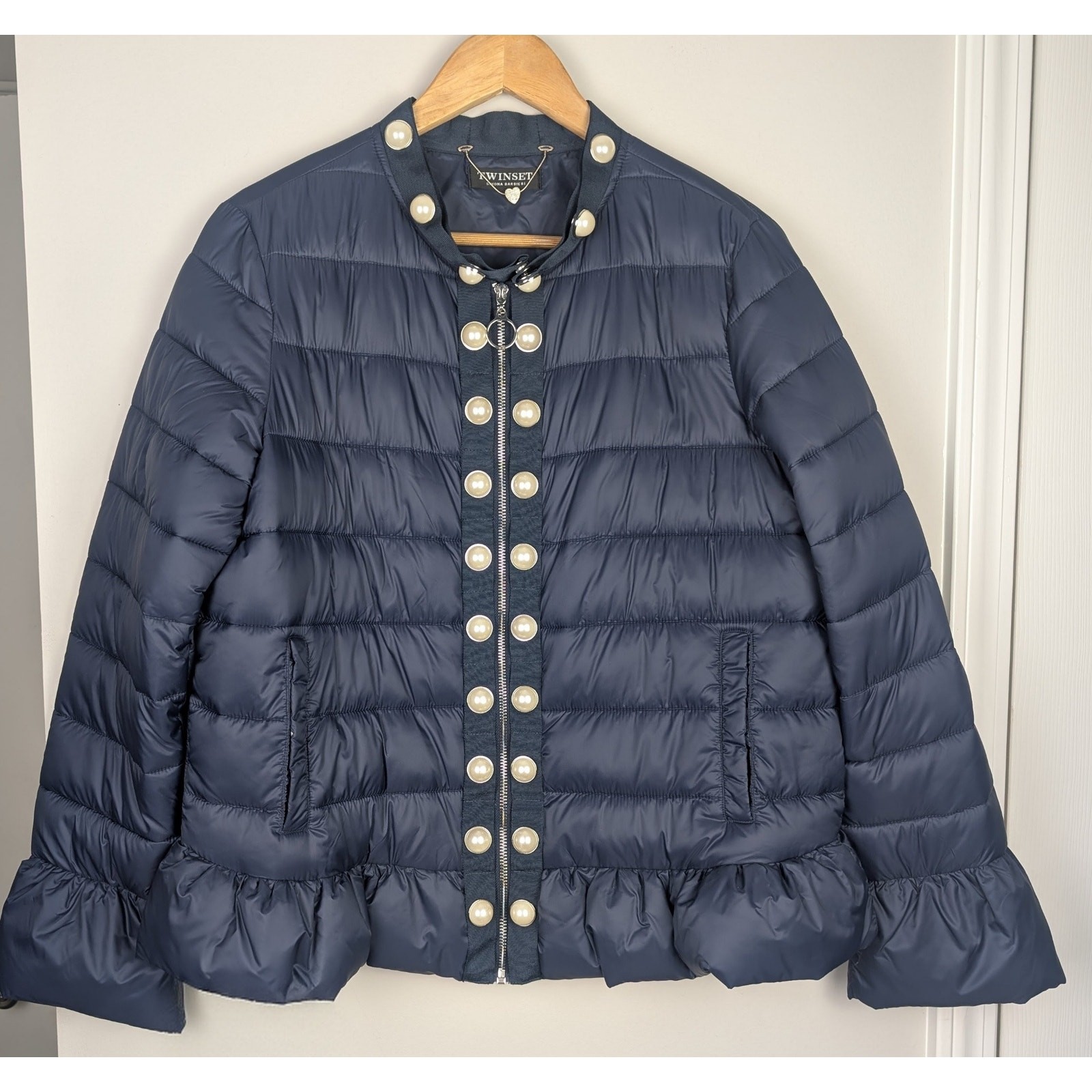 Twinset Simona Barbieri Pearled Trim Ruffle Quilted Puffer Jacket Navy 44 46 M L