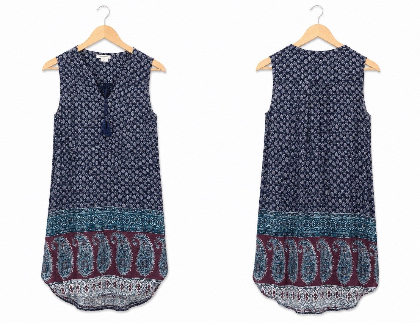 BeachLunchLounge Sleeveless Boho Print Shift Dress Size Small Navy Burgundy