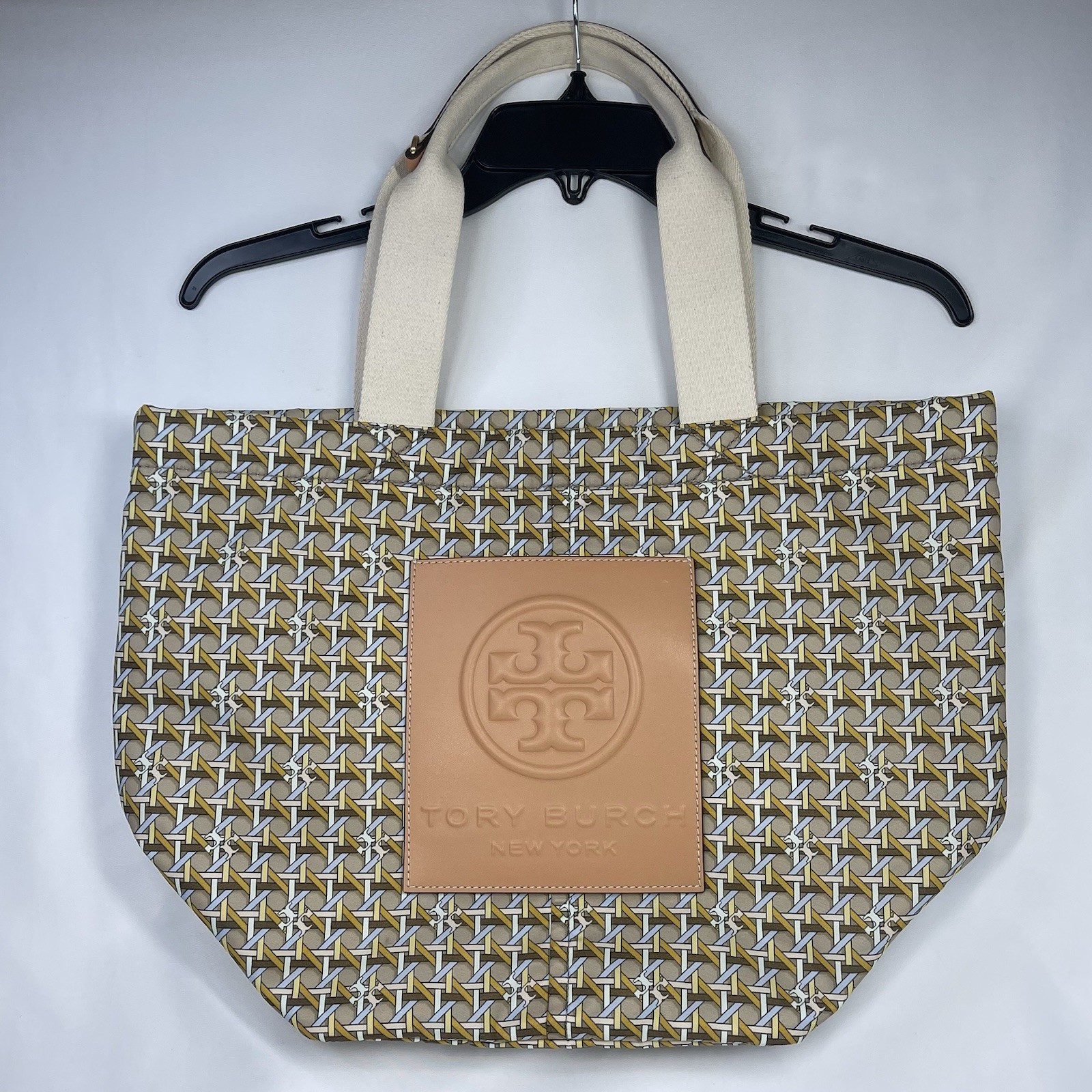Tory Burch T Monogram Open Tote Coated Nylon Beach Shopper Brown Tan Large