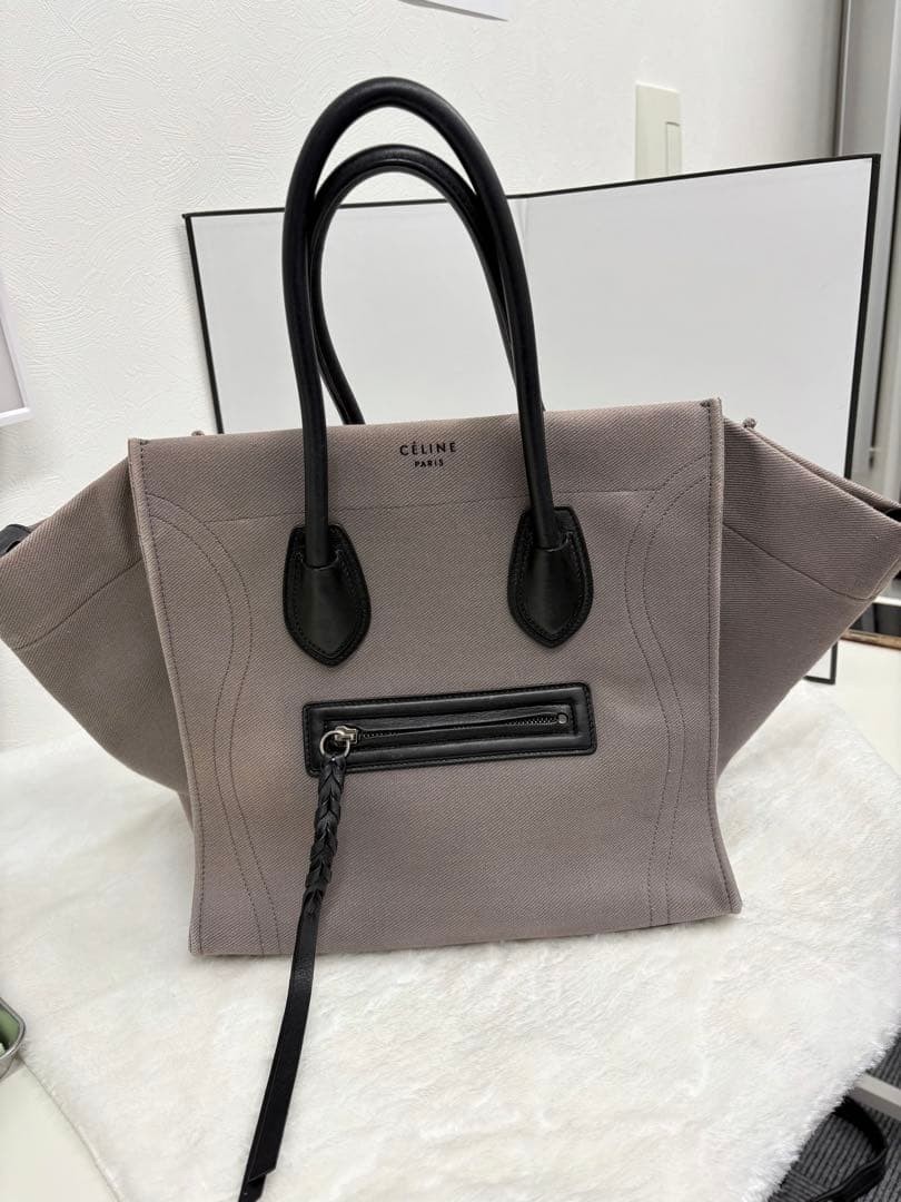 CELINE Luggage Phantom Tote Large Dark Gray Denim Leather Auth Cleaned Bag
