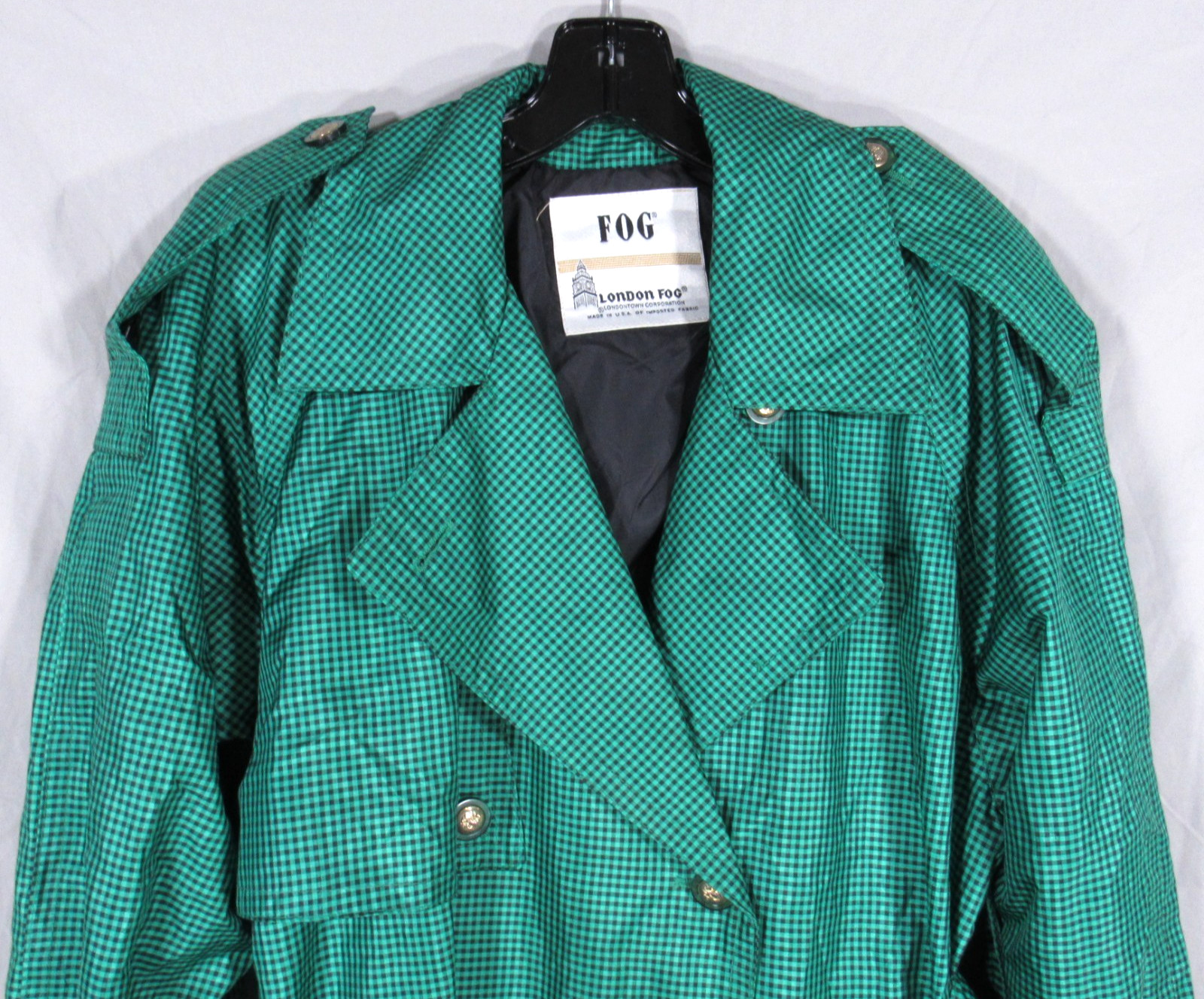 VTG LONDON FOG Petite GREEN/BLACK MICRO CHECKS Buttons w/Belt TRENCH COAT Sz 4P