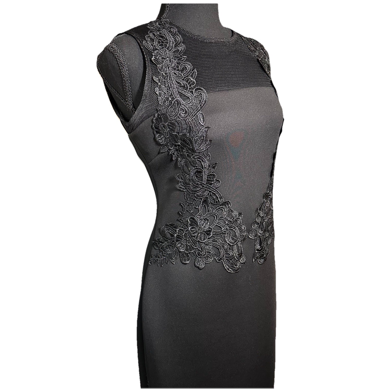 Calvin Klein Black Neoprene Lace Embroidered Pencil Dress 4 Mini Sleeveless