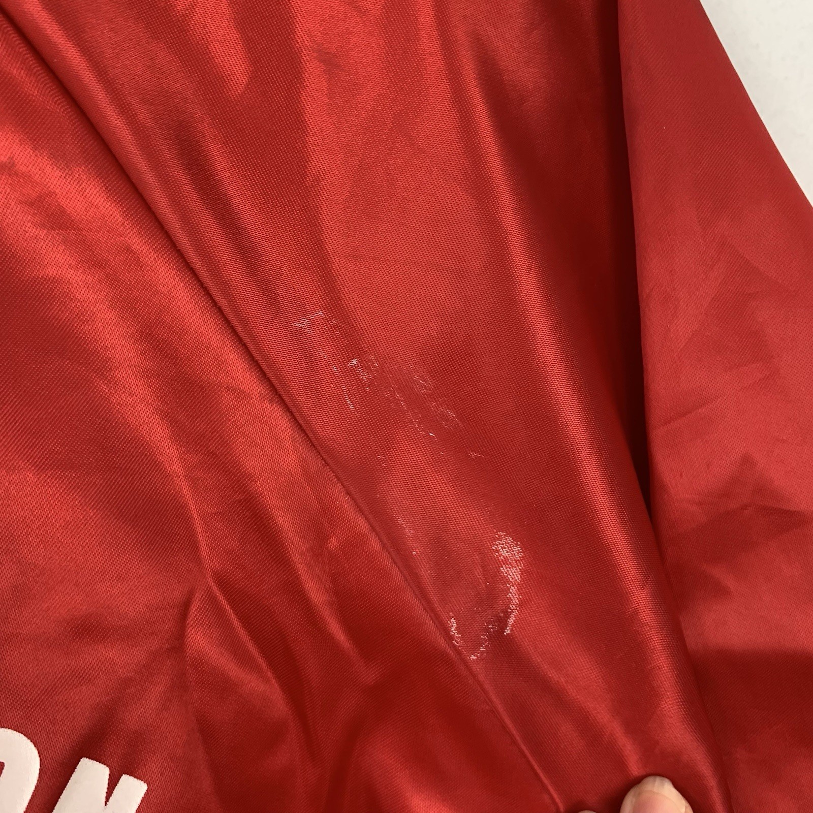 Vintage Satin Bomber Jacket Size Small Red USA Company Truck Logo American Retro