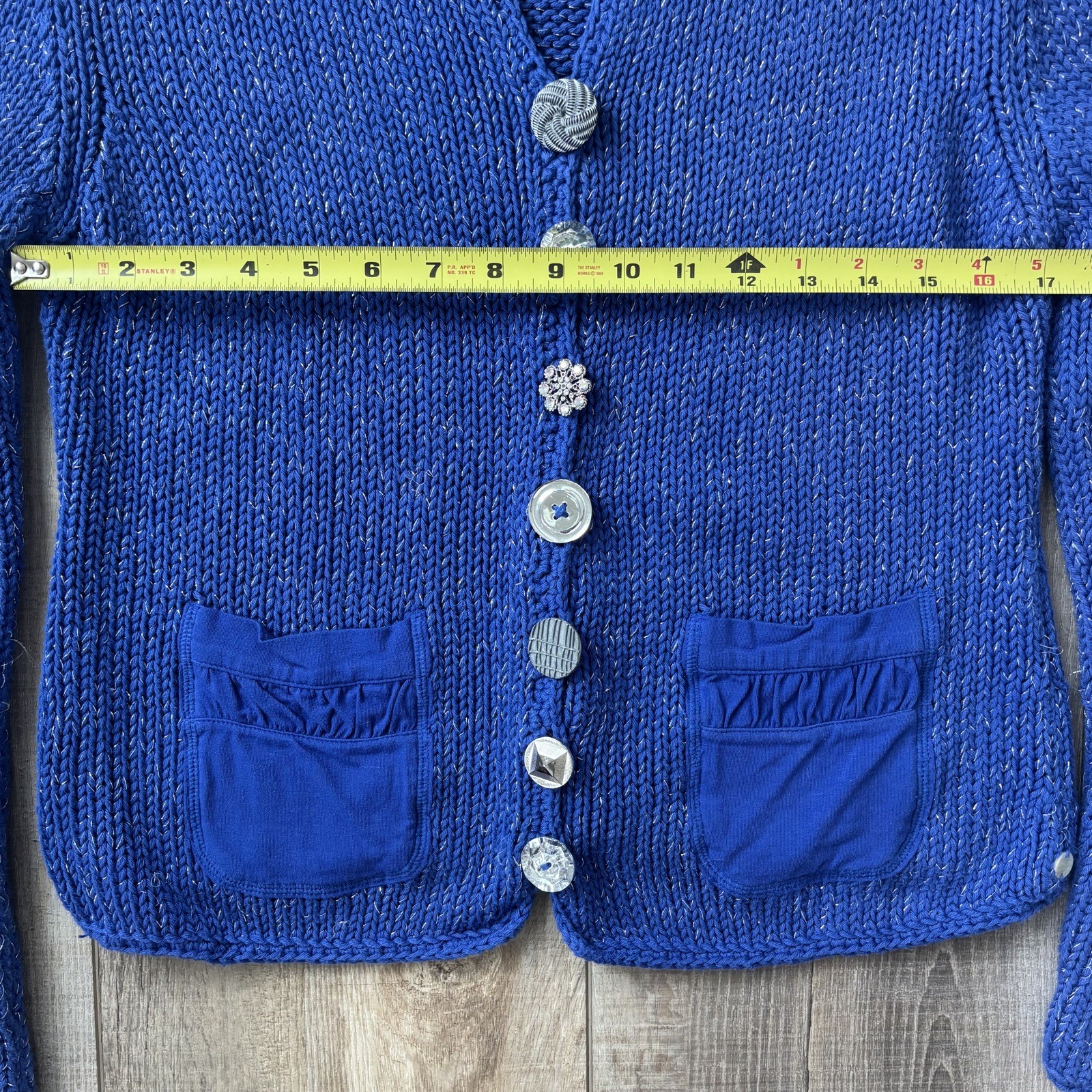 Brooch Button Handknit Womens Cotton Cardigan Size SP Blue Granny Cottagecore