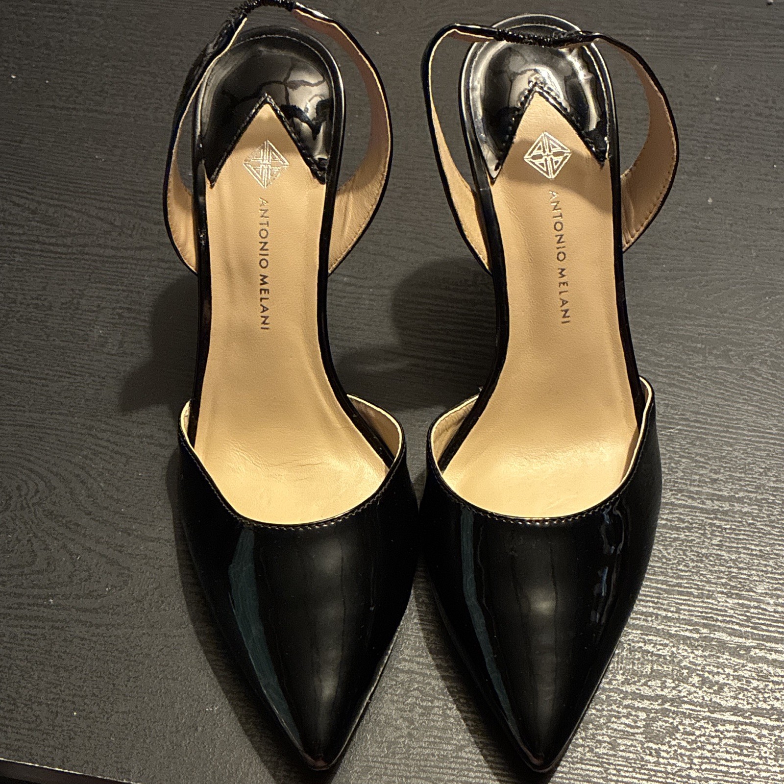 Antonio Melani Black Patent Leather Slingback Block Heel Pumps Pointed Toe US 8
