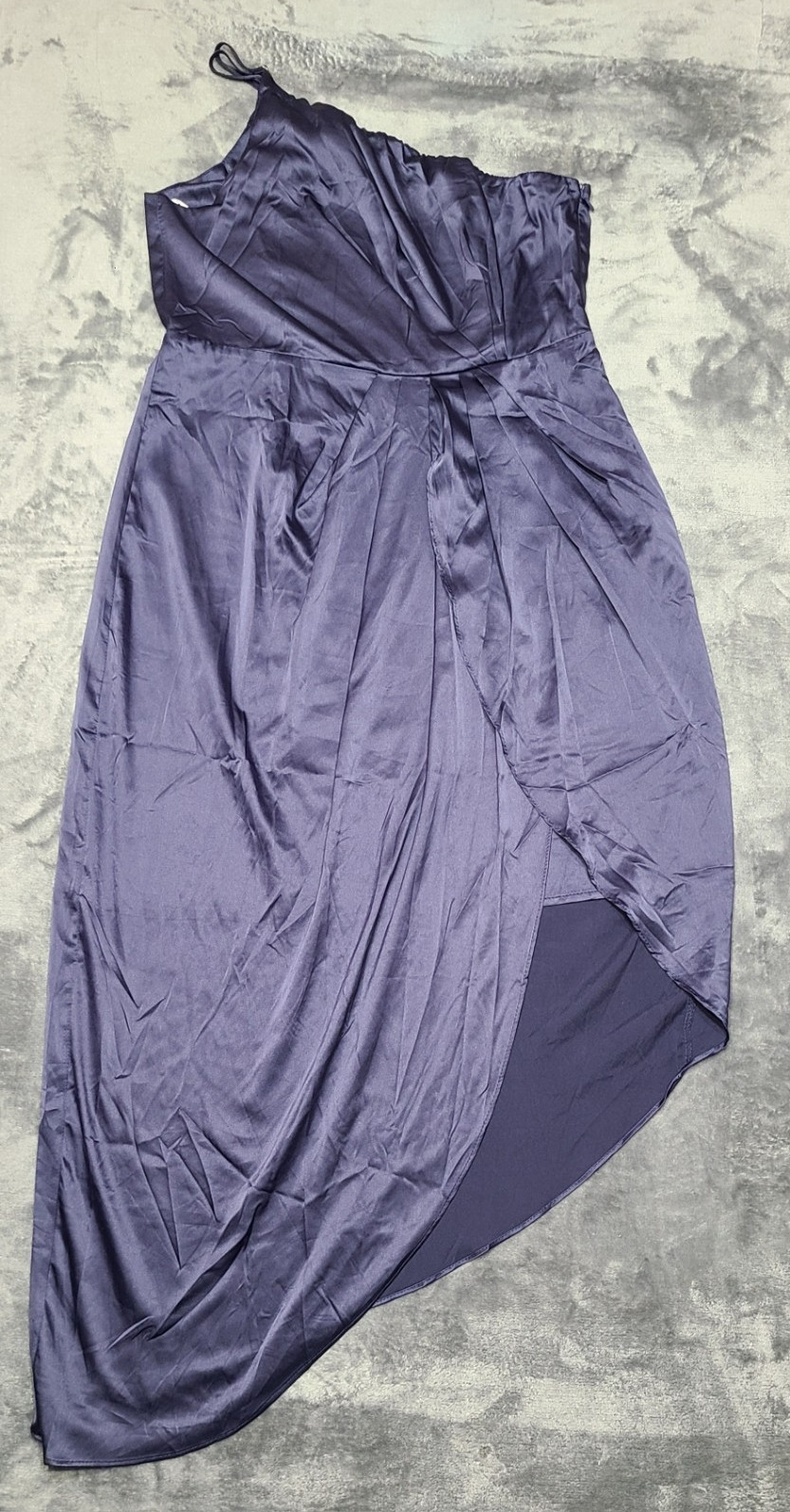 Lulus Women’s Blue Satin one shoulder Wrap Maxi Dress XL Asymmetric Ruffle Zip