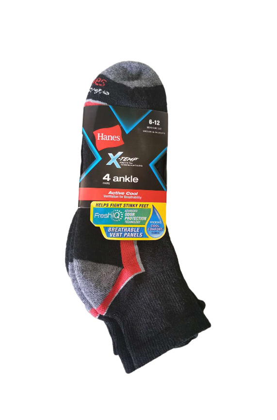 Hanes® Men’s X-TEMP Black Ankle Socks 4-Pack ” Arch Support & Active Cool” 516/4