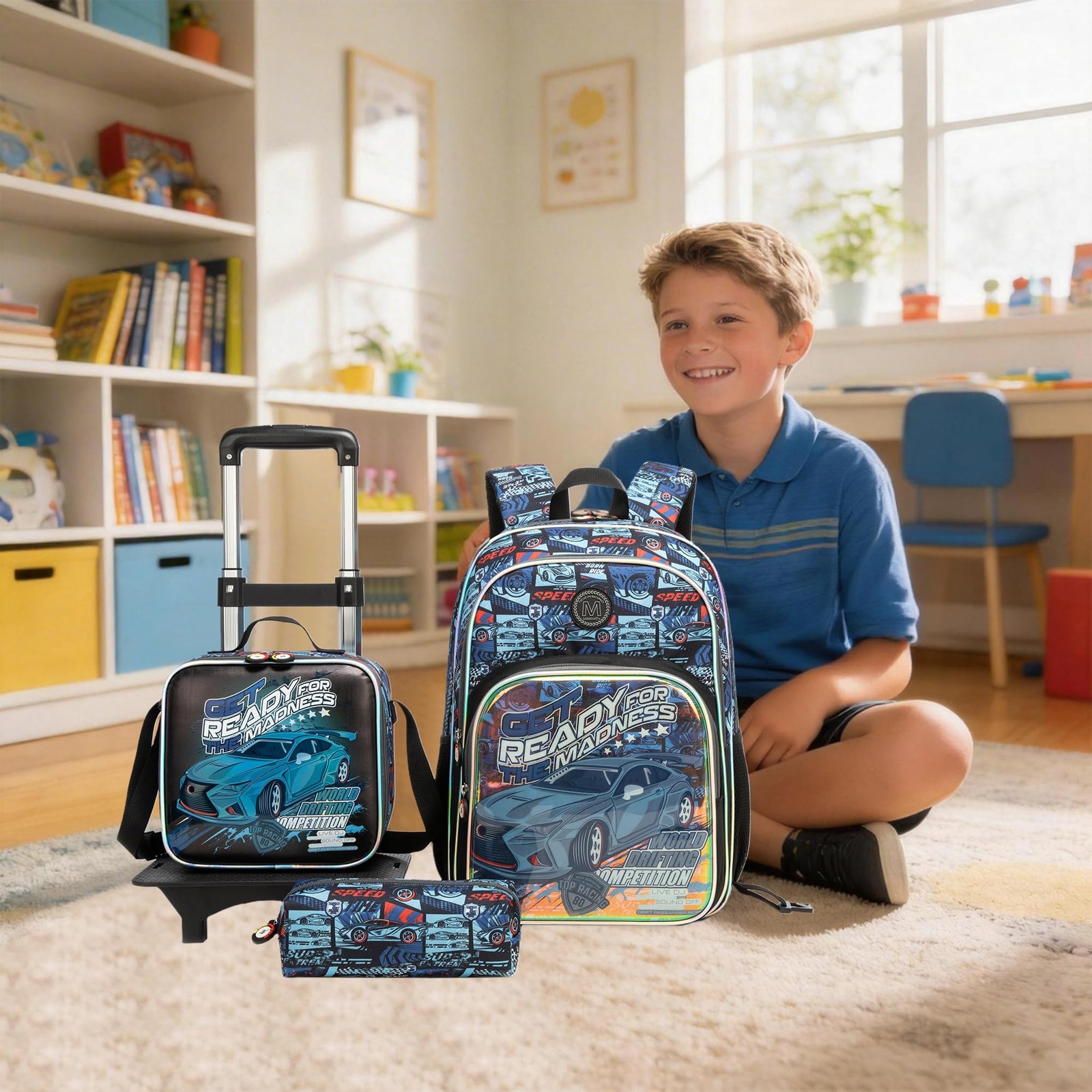 Backpack with Wheels for Boys Kids Rolling 16.5*11.8*7.9in, Black Gray Car-5