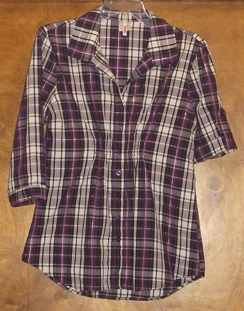 Bongo Purple Plaid Metallic Lurex Blouse, Sz L, Roll-Tab Sleeves, Button-Front