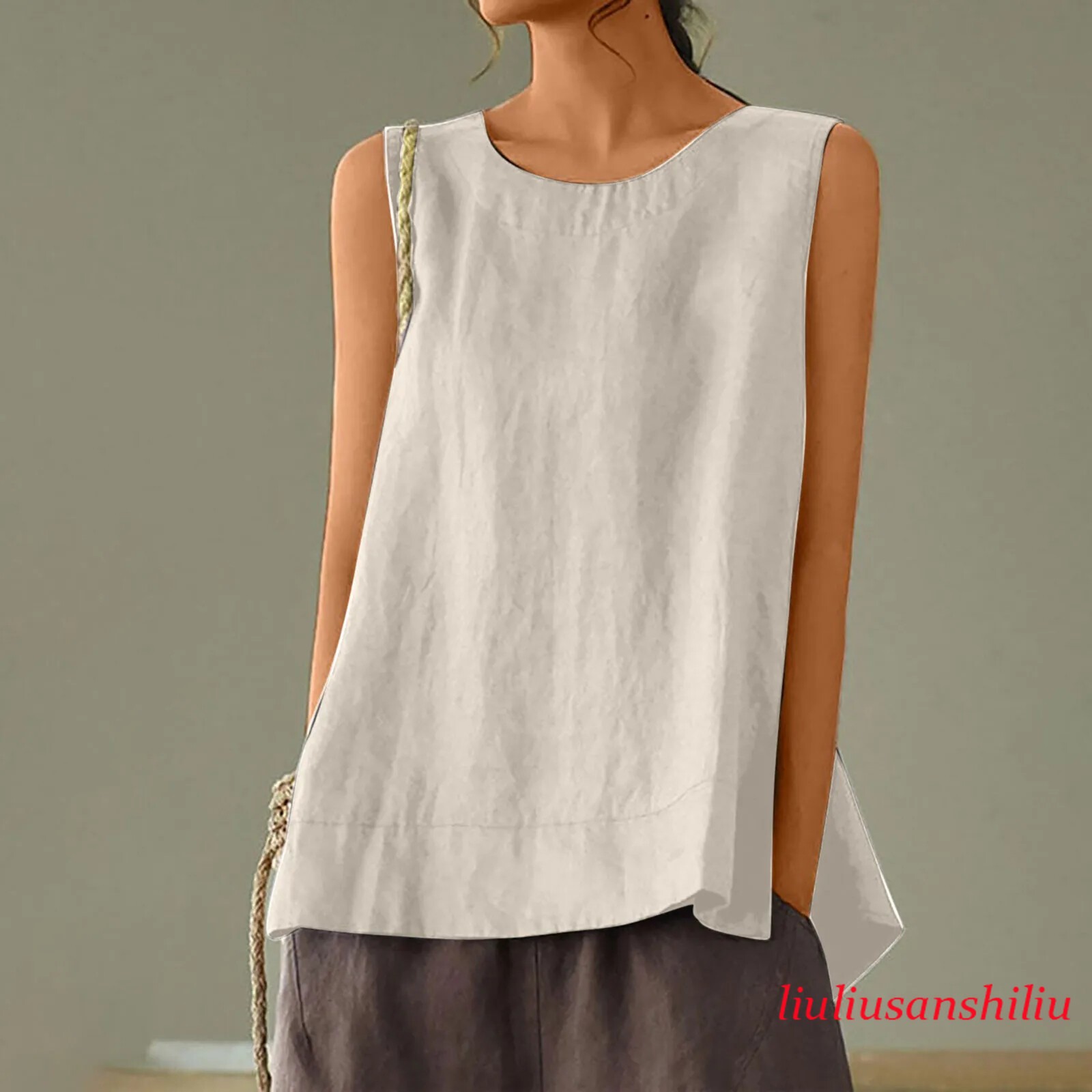 Solid Color Casual Cotton Linen Sleeveless Round Neck Soft and Breathable Top
