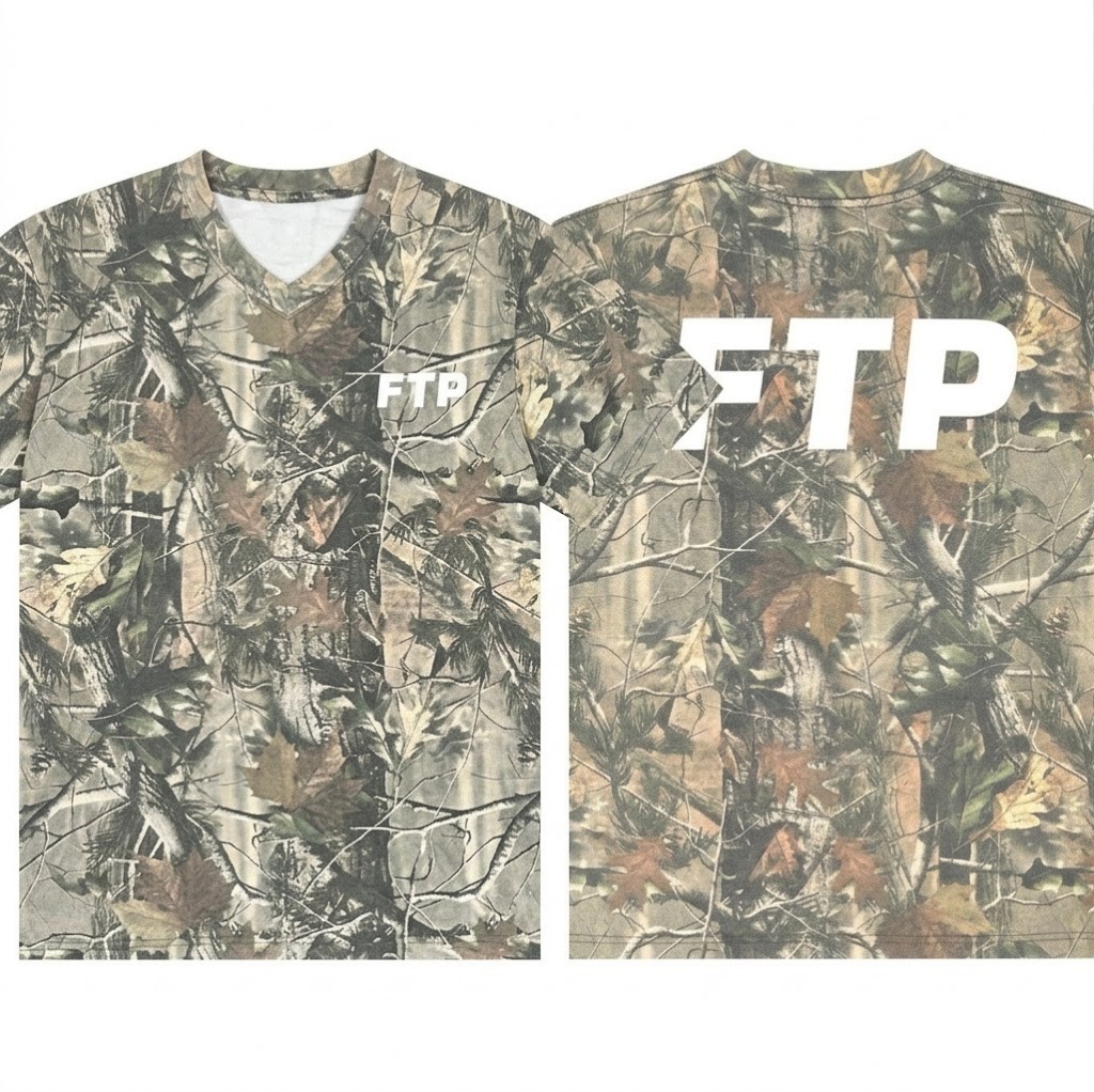 FTP Tree Camo Logo Tee 100% Polyester V-Neck Camo T-Shirt For Unisex
