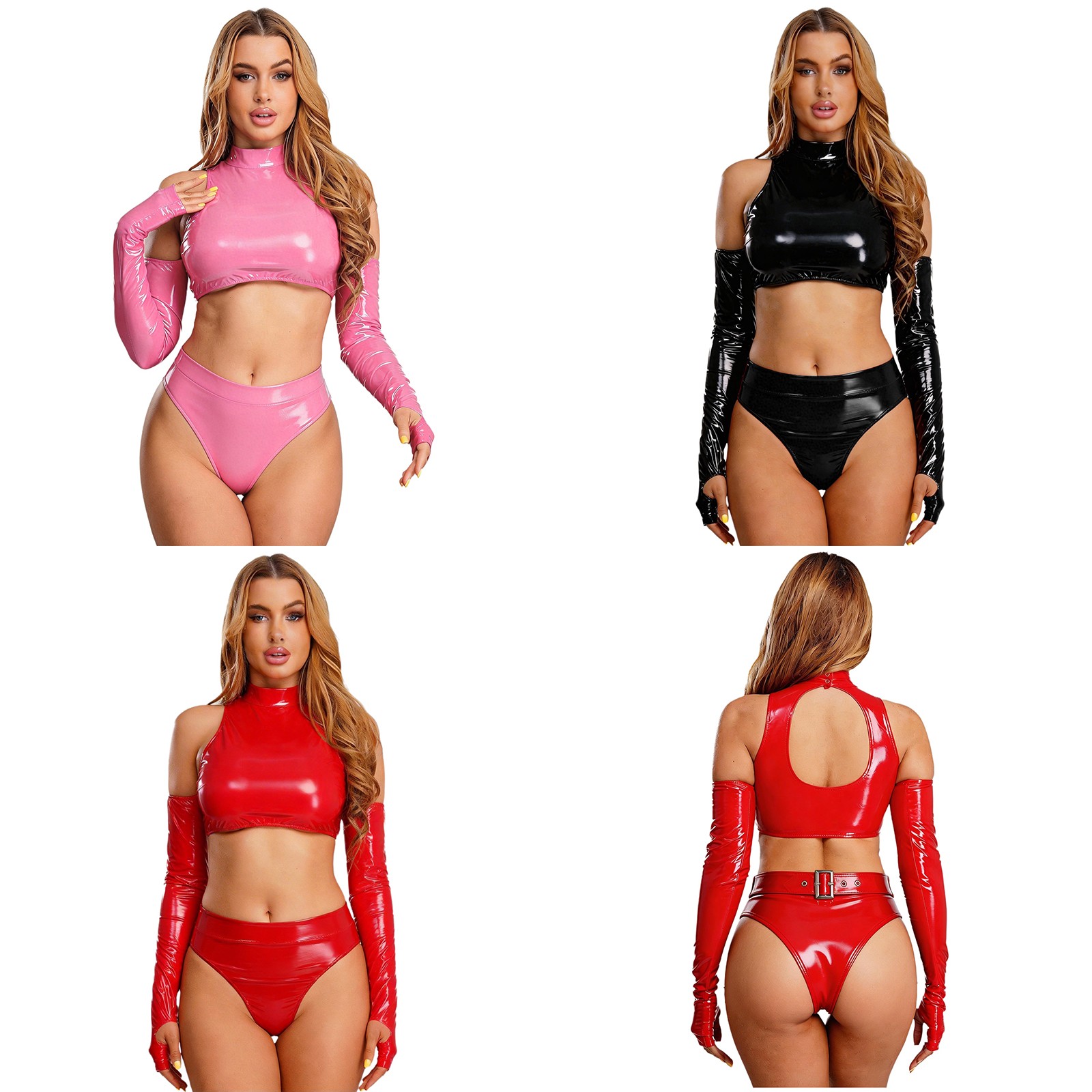 US Women Crop Top and Panty Set Patent Leather Wet Look Shiny Wet Look Clubwear