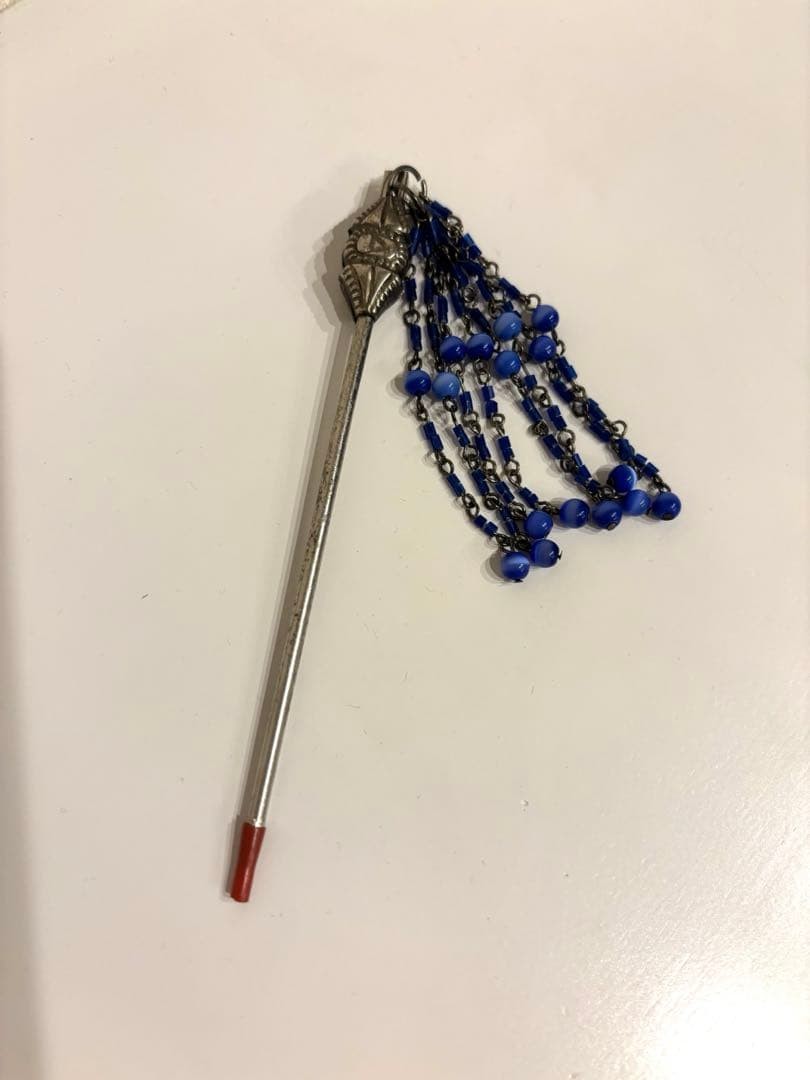 Asian Style Blue Hairpin with Bead Fringe, 14cm Adjustable Clamp
