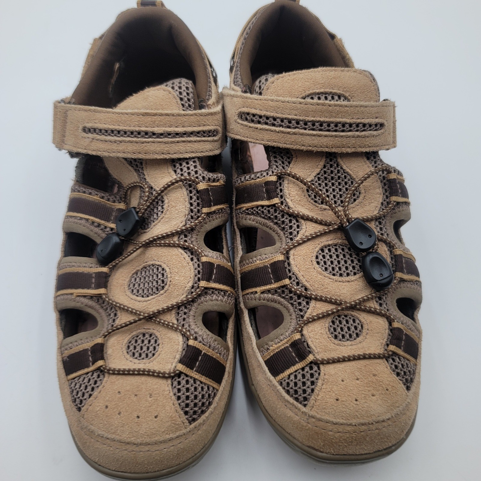 Orthofeet 77873 Womens 11 Wide Tan Leather Mesh Fisherman Sandals Bungee Strap