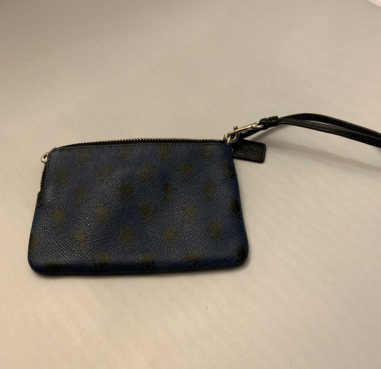 Coach Floral Printed Leather Corner Zip Wristlet Dark Blue Floral