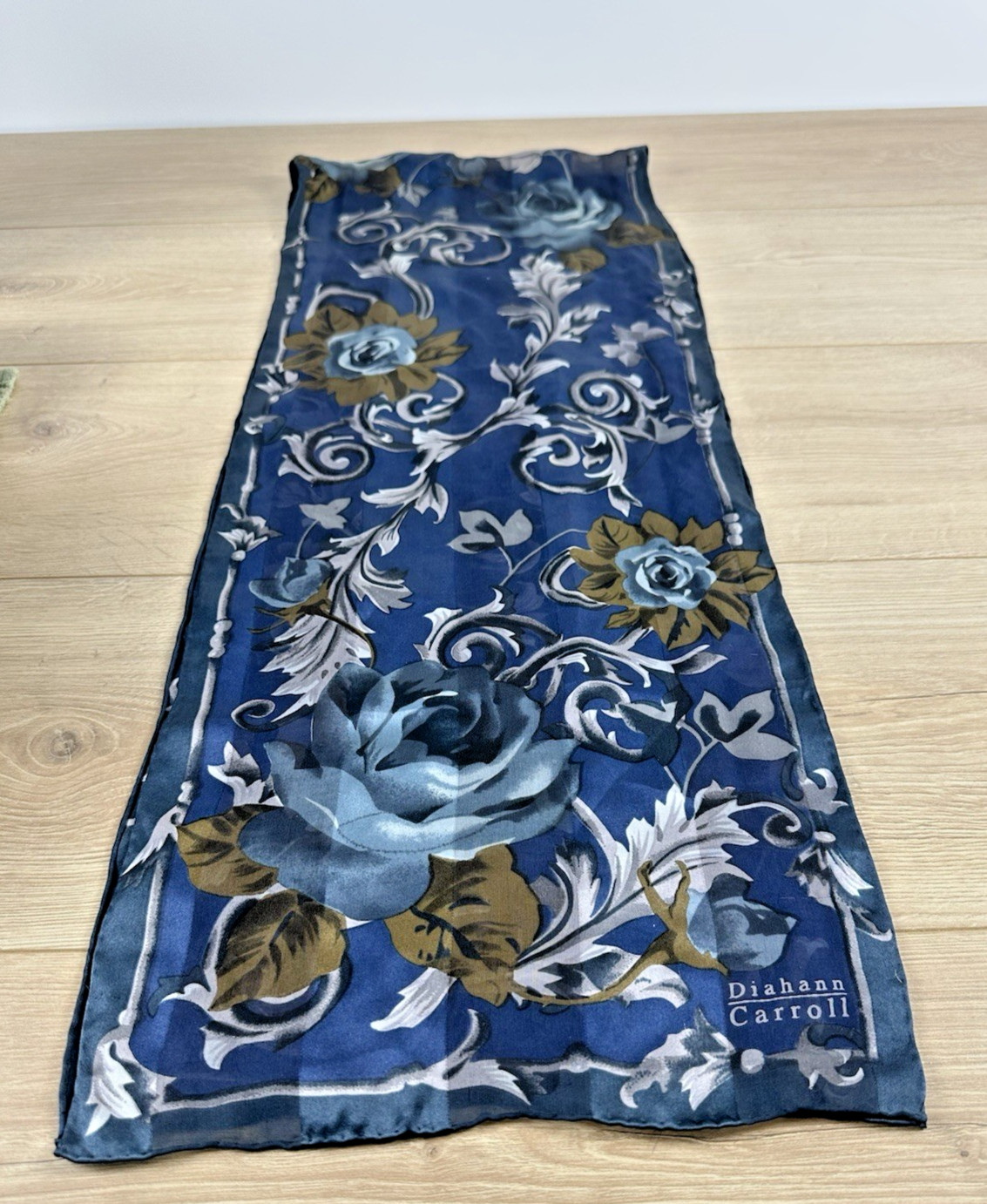 Women’s Diahann Carroll 100% Silk Navy Brown Floral Scarf 11” X 58”