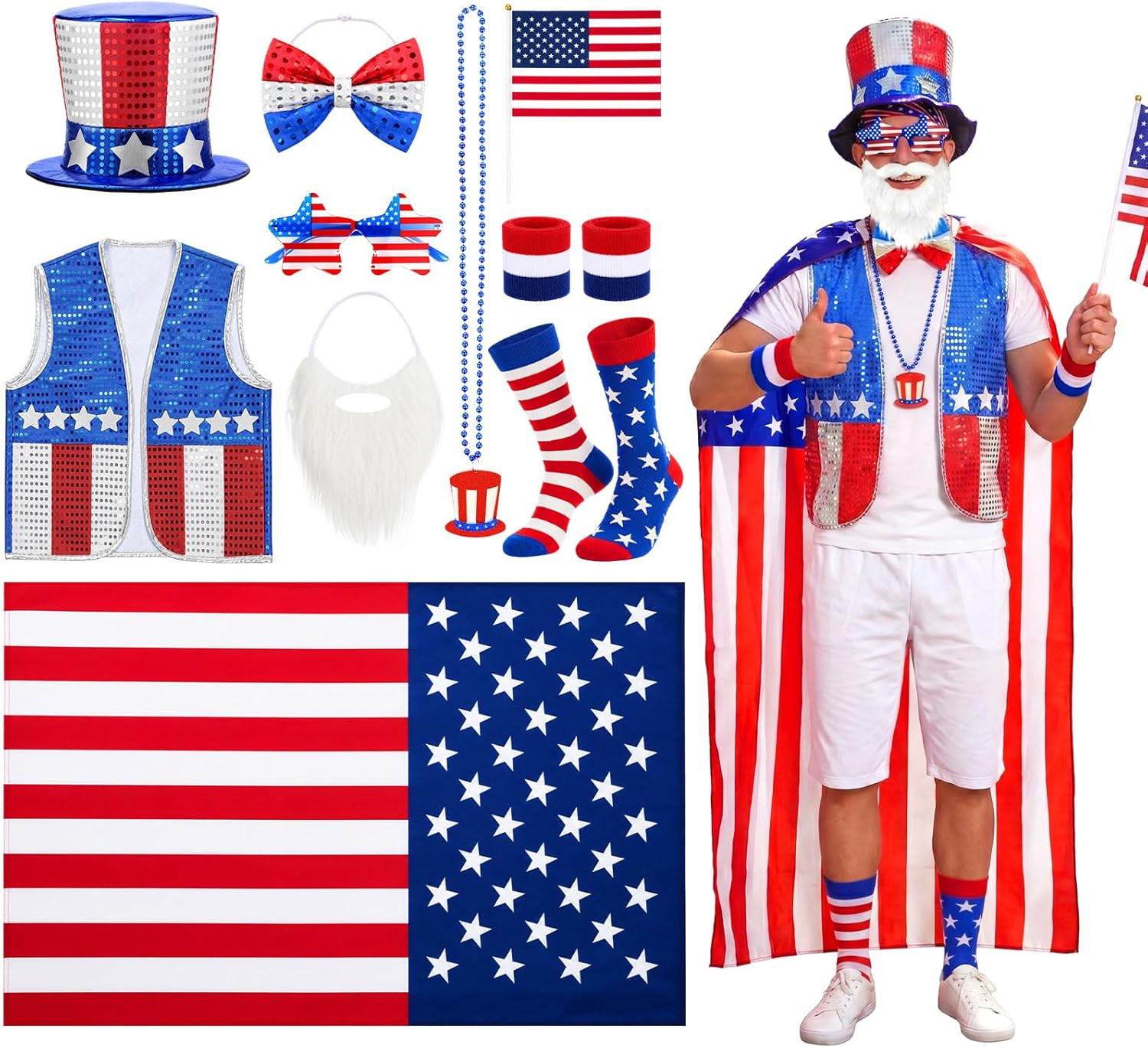 10 Pcs 4Th of July Patriotic Costume Set for Men American Flag Cape Outfit for U
