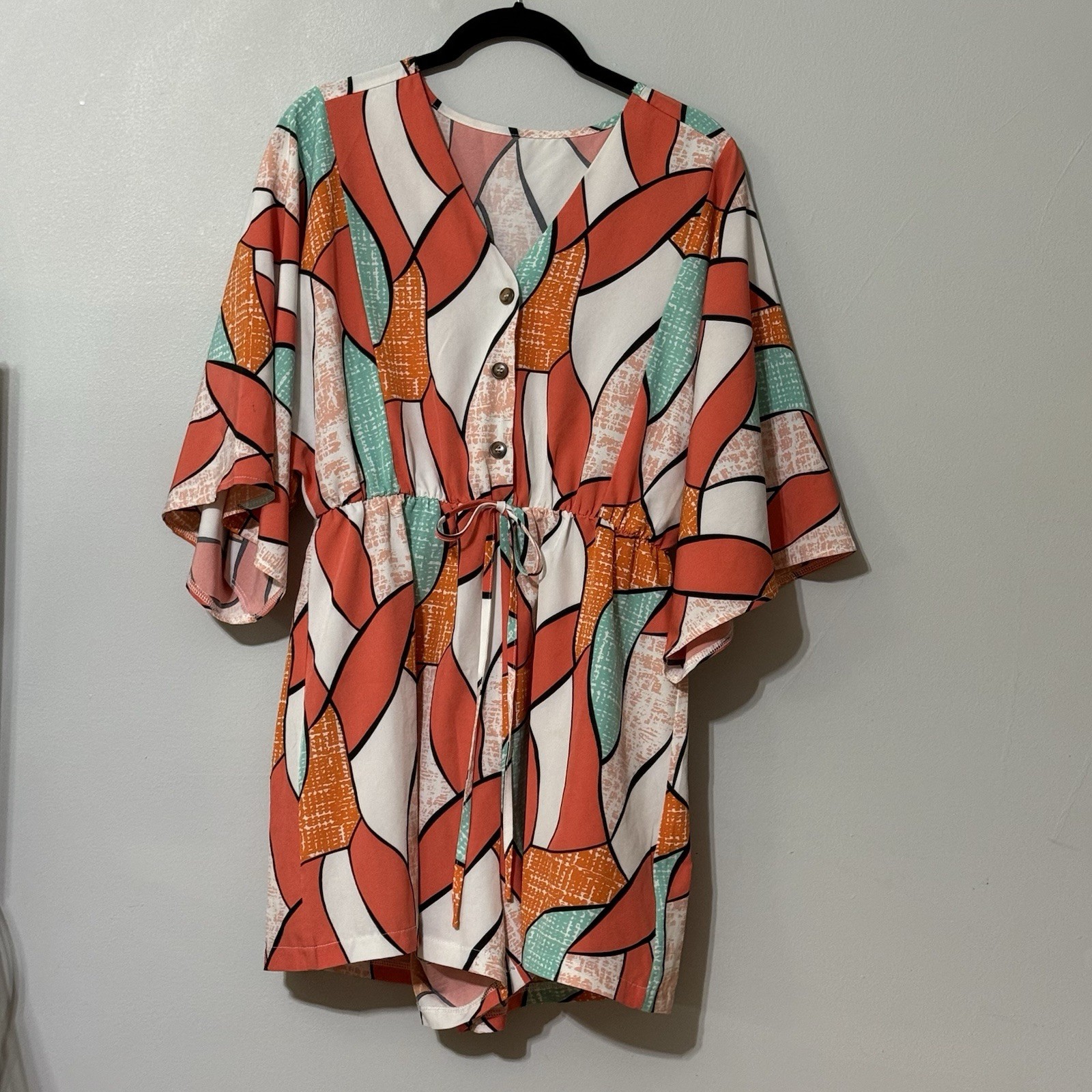 SHEIN Retro Geo Print Kimono Sleeve Romper M Coral Mint Palm Springs Resort