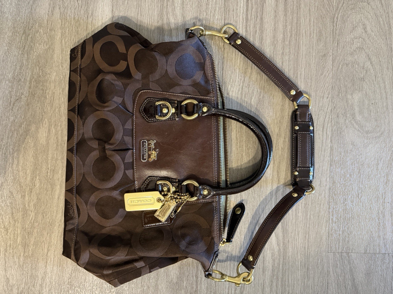 Y2K Coach Madison Dark Brown OP Art Canvas Juquard and Leather Satchel Purse