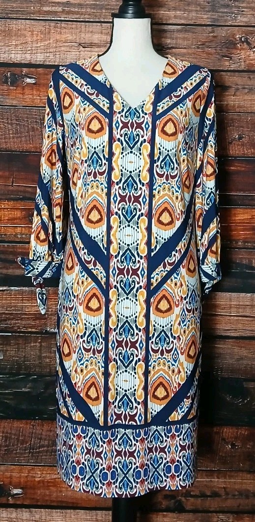 Chicos Shift Dress Size 1 US M Ikat Tie Sleeve Bohemian