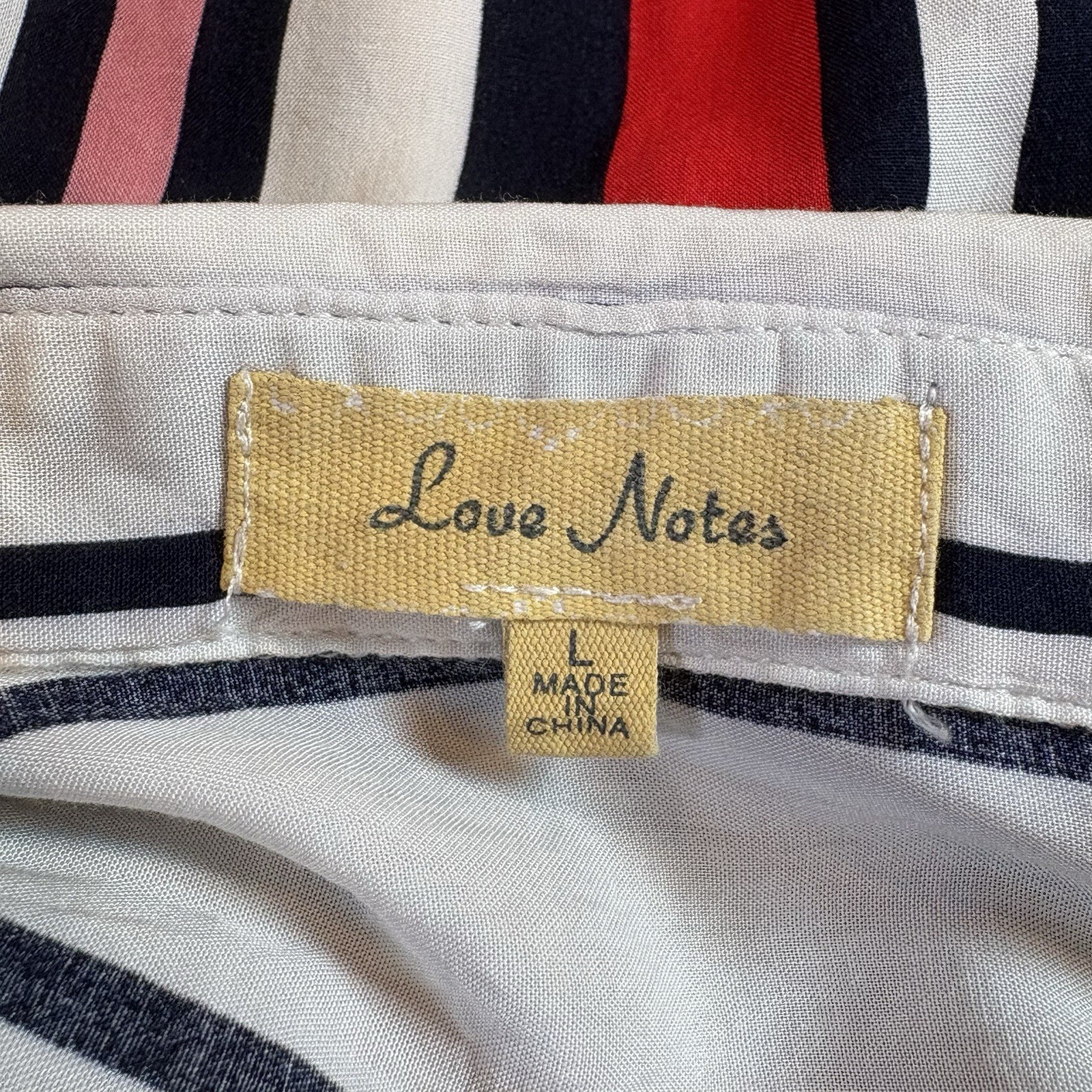 Love Notes Women’s Large ~ Red Pink Blue White Striped Button Up Blouse