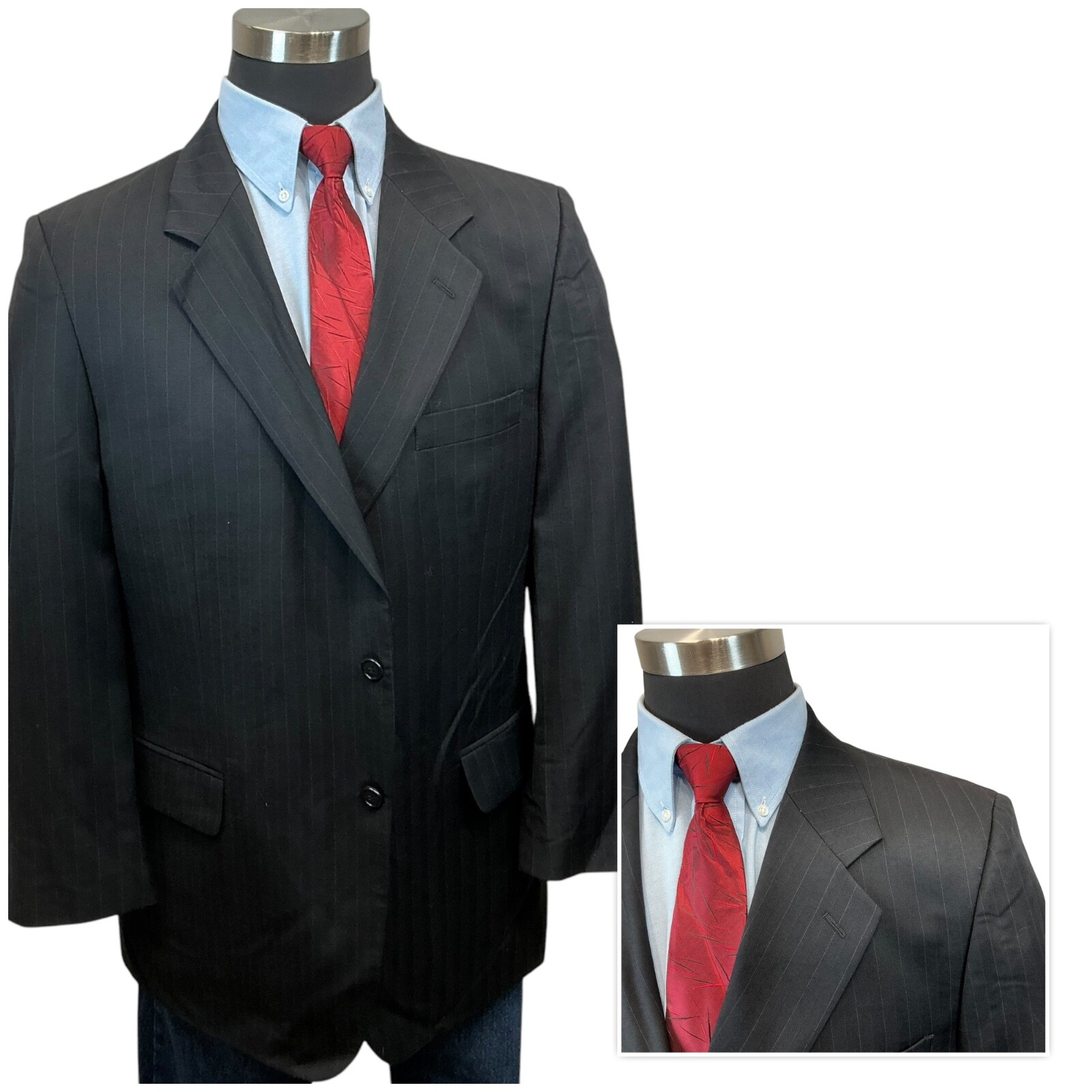 43R Petrocelli Italian Wool Suit Jacket Sport Coat Blazer Black Pinstripe 100% w