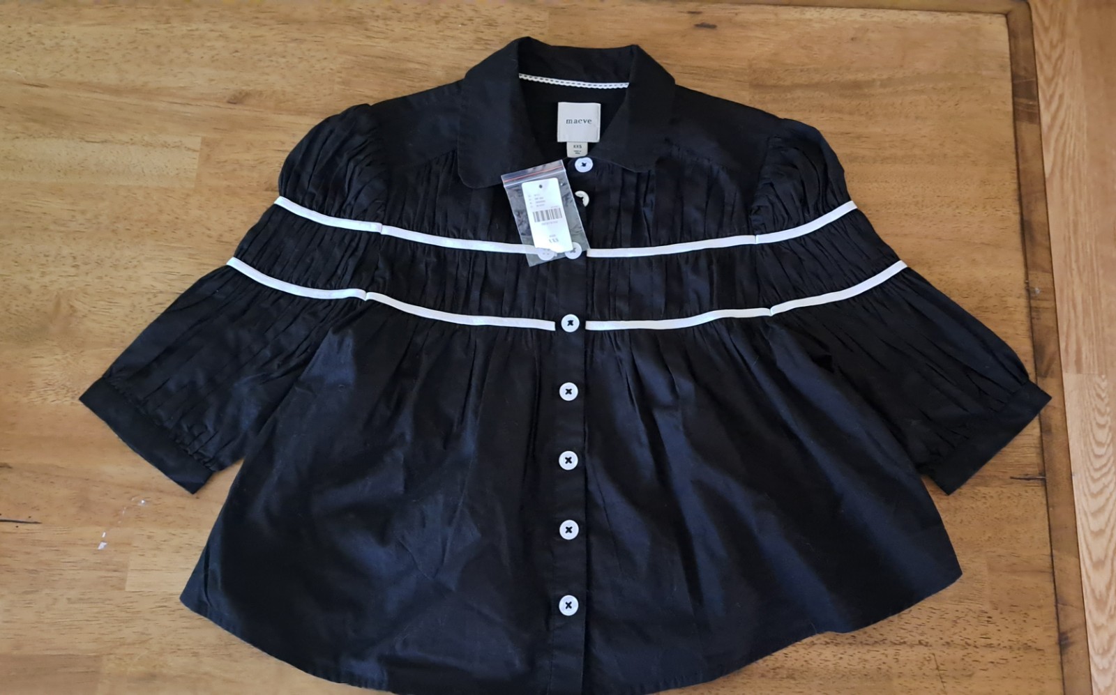 Anthropologie The Leandra Shirred Yoke Blouse by Maeve Size XXS Black New W Tag