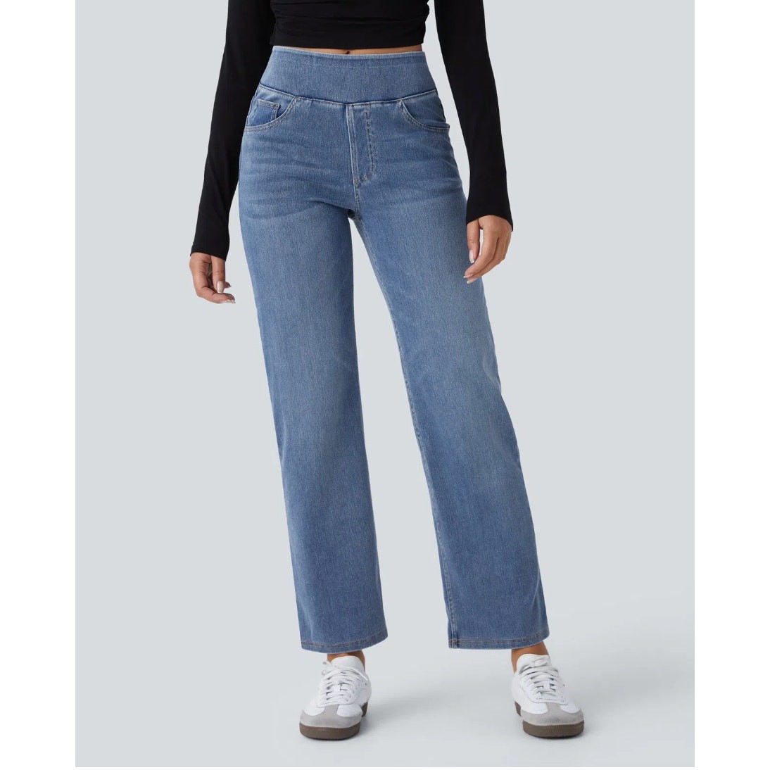 NWT Halara Flex Denim High Waist Pull-On Straight Leg Jeans Lt. Blue Medium