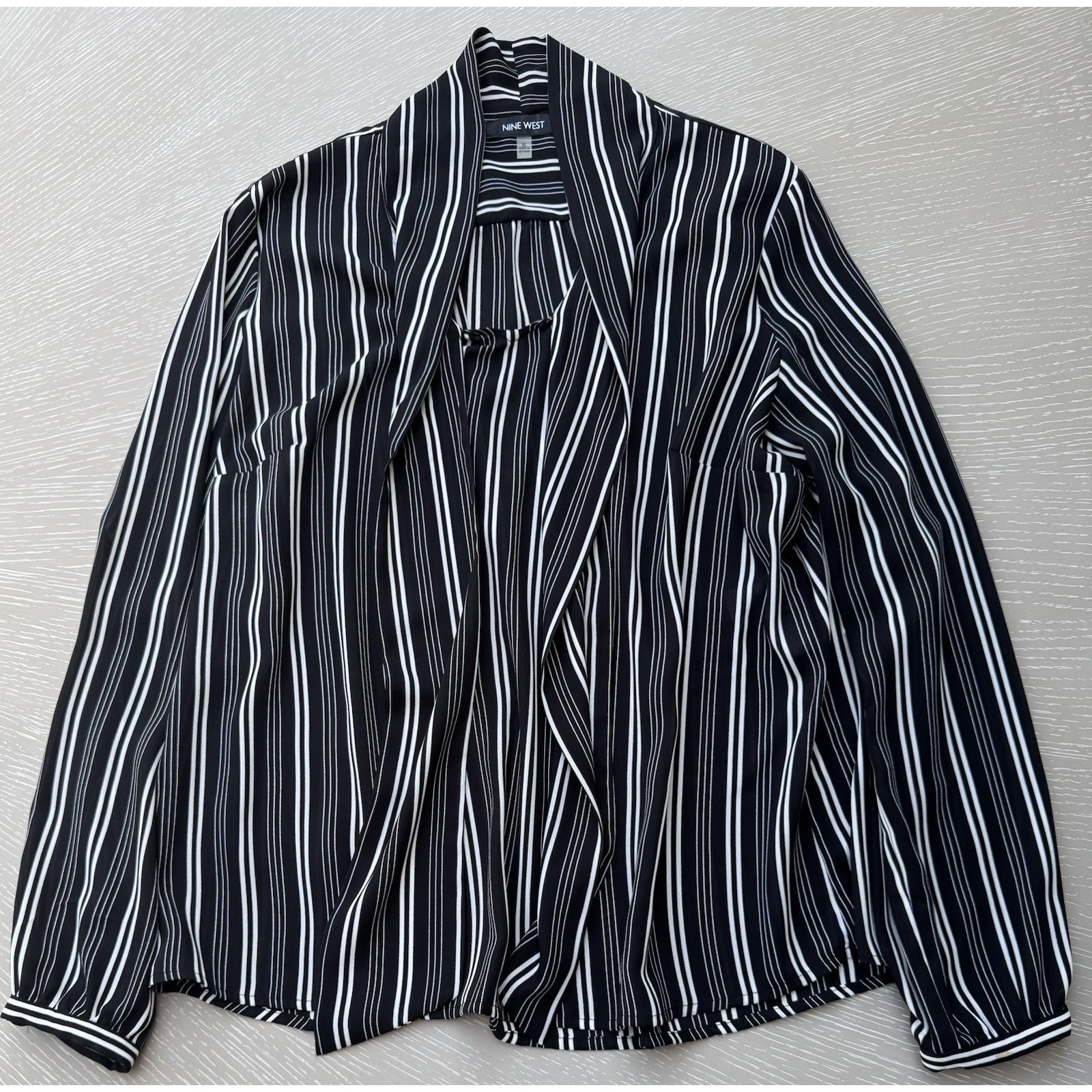 Nine West Women XL Black White Striped Draped Open Front Blouse Top