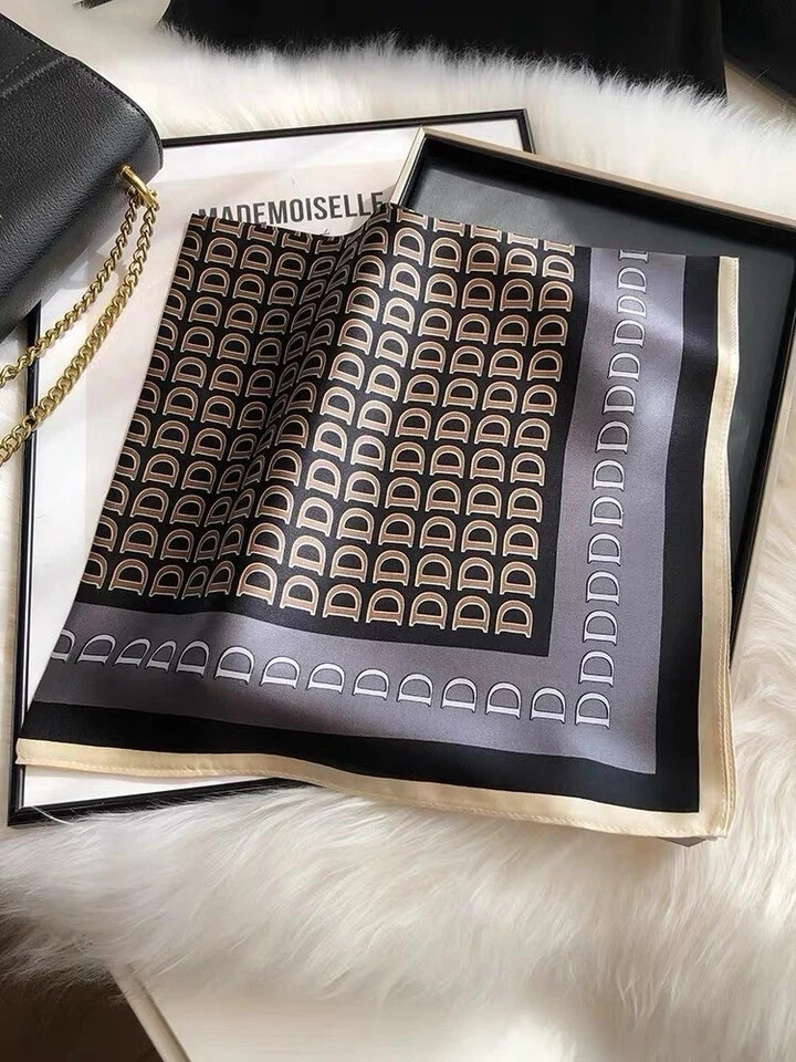 26″X26″D Letter Print Pure Mulberry Satin Silk 12momme Scarf 65x65cm 5-35