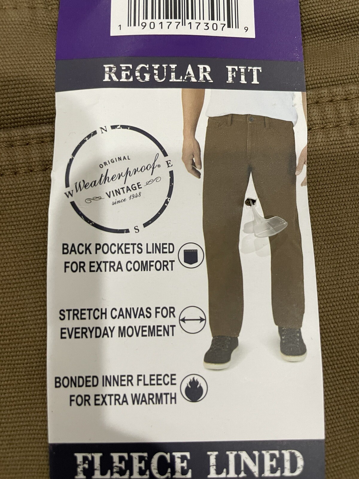 New Weatherproof Vintage Men’s Fleece Lined Pant Bonded Stretch Canvas Sz W40L30