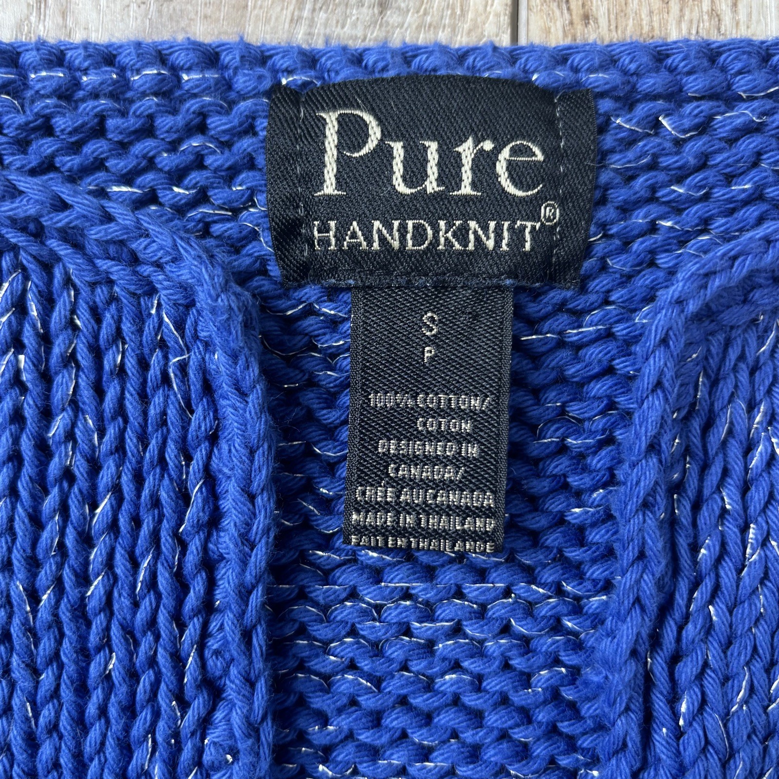 Brooch Button Handknit Womens Cotton Cardigan Size SP Blue Granny Cottagecore