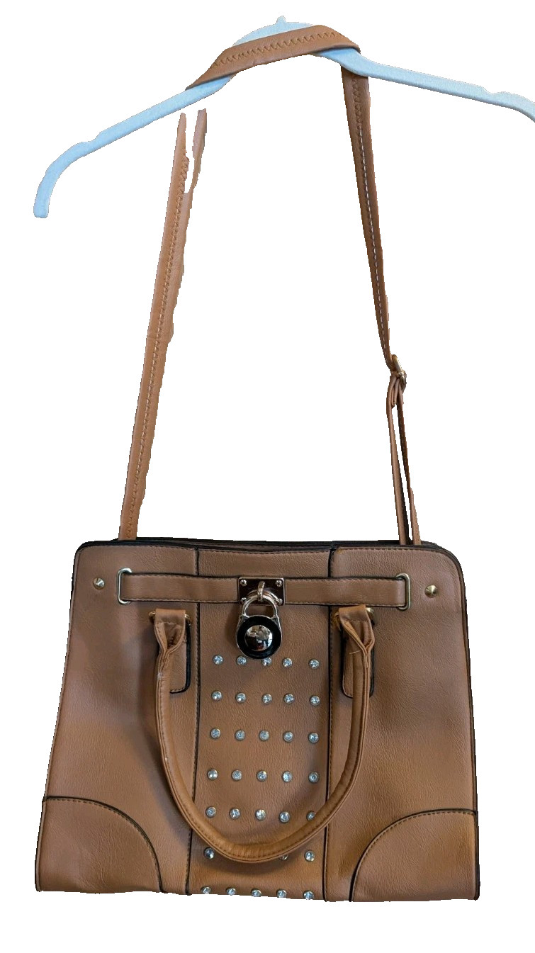 Tignanello Caramel Brown Pebbled Leather Satchel Style Purse Handbag Rhinestones