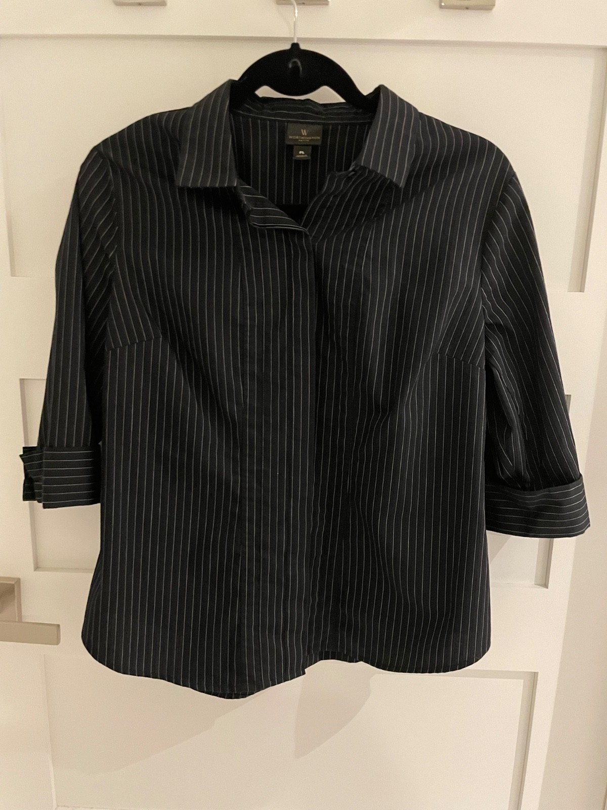Worthington Petite Large PL Black and White Striped Blouse Top Shirt Career Work