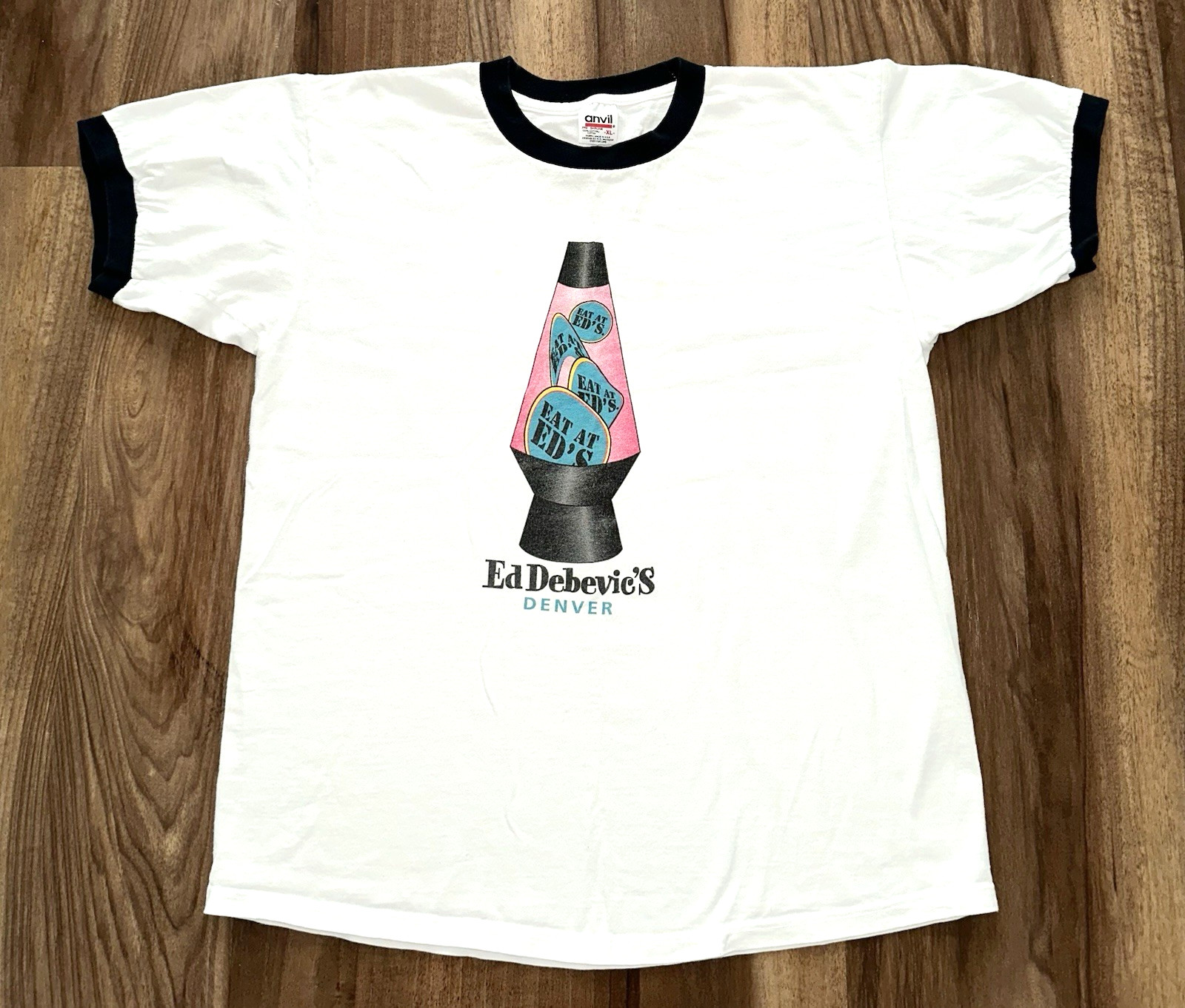 Rare Vintage 90s ED DEBEVIC’S Ringer T-Shirt Mens XL Lava Lamp Denver Anvil Tag