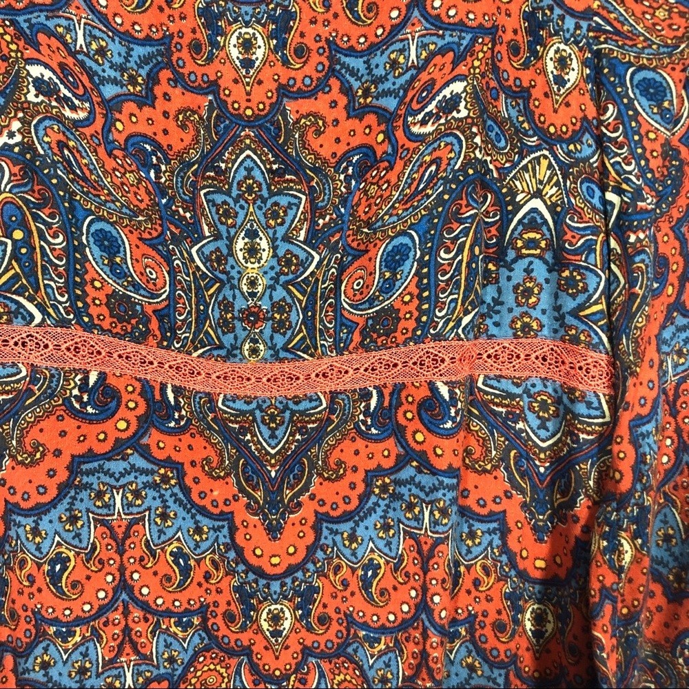 FREE PEOPLE Mini Dress Womens 2 Orange Blue Paisley Bell Sleeve Tunic $148 U924