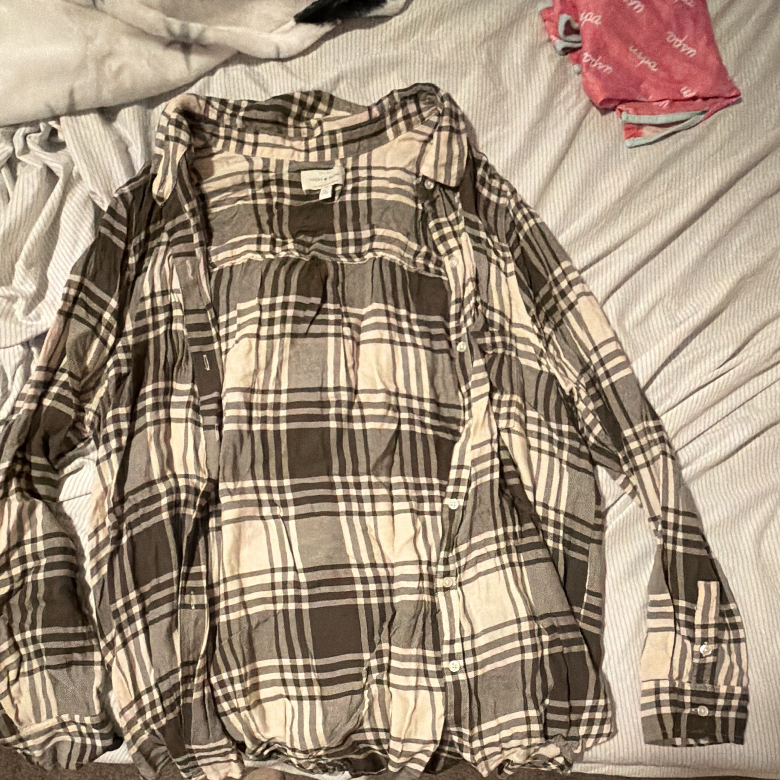 Lucky Brand Women’s XL Gray/White Plaid Long Sleeve Collared Button-Up Shirt
