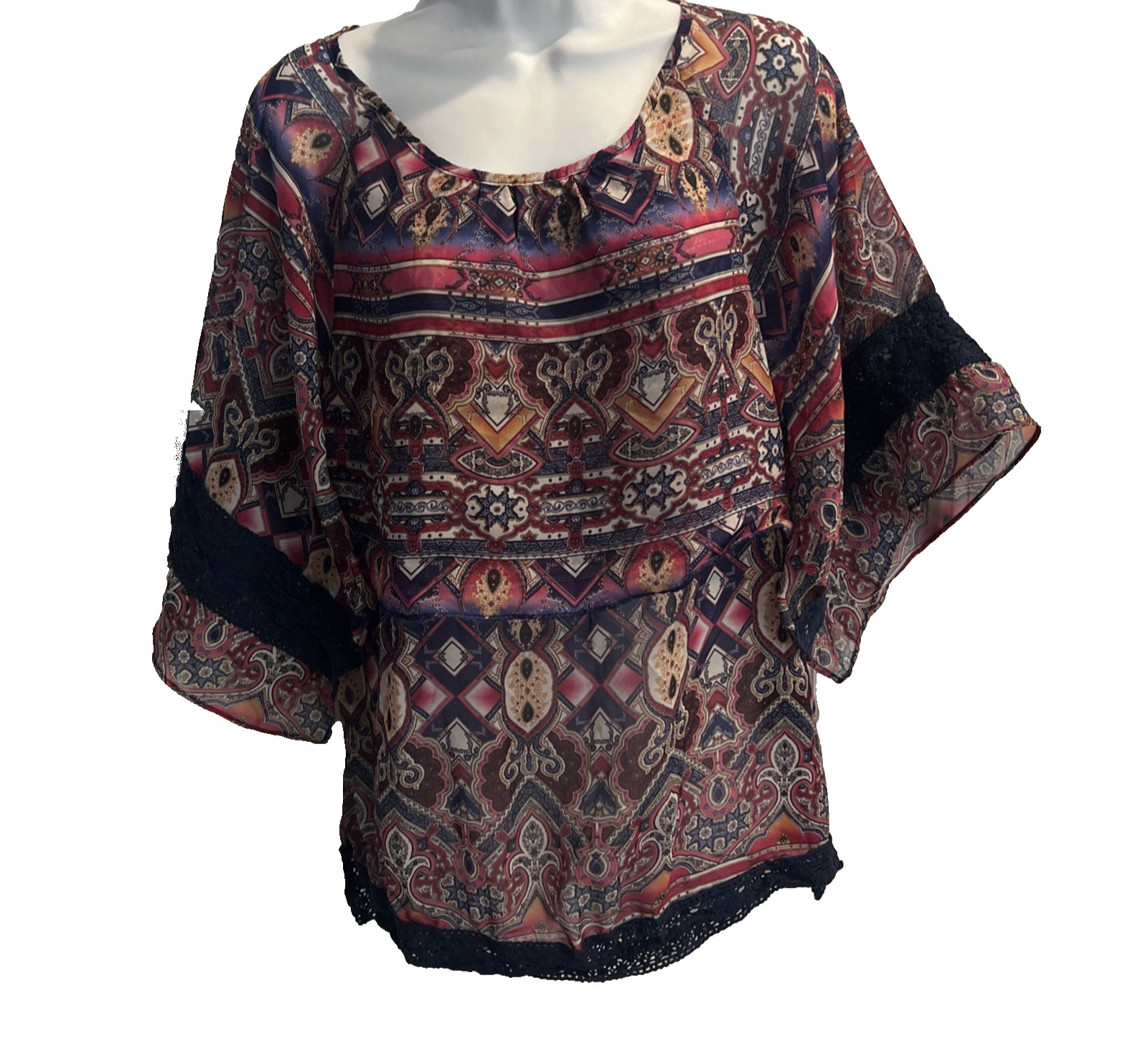 James Bryan Boho Paisley Print Kimono Top Size S Split Sleeve Blouse Lace Trim