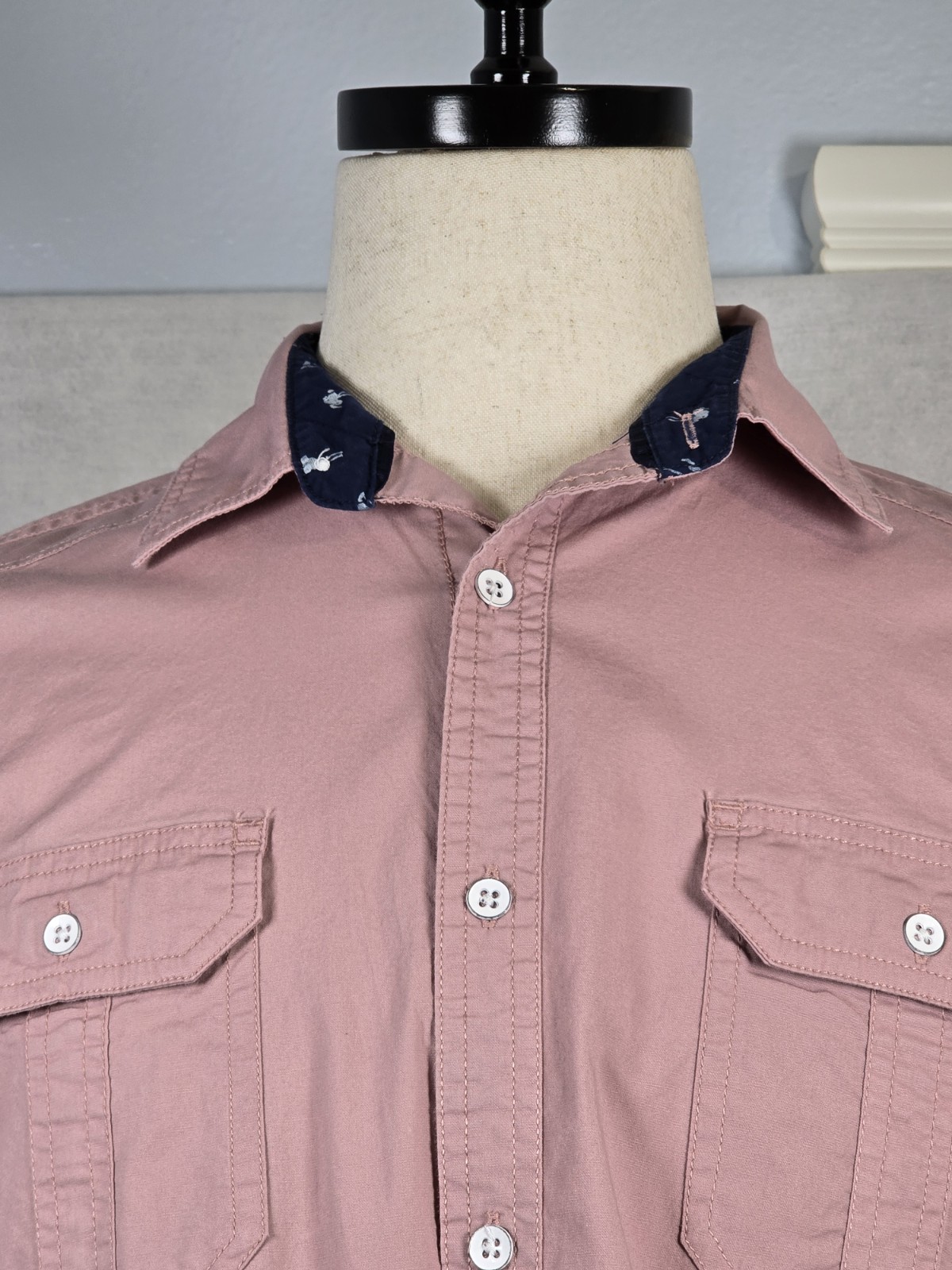 Pd&c Mens Shirt Stretch Slim Fit Button Up Short Sleeve Pink Hipster Retro Large