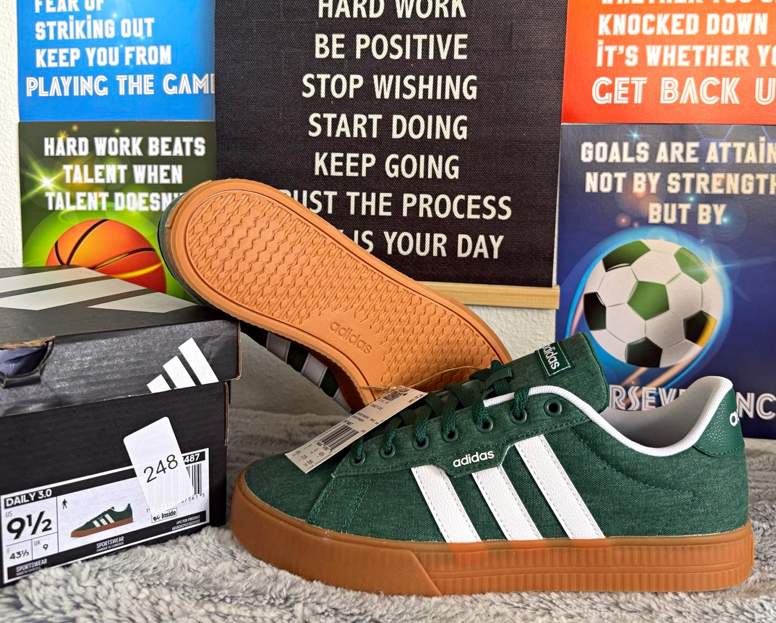 adidas Daily 3.0 Men’s Low Top Lace-Up Sneakers Green/White Gum Rubber Sole