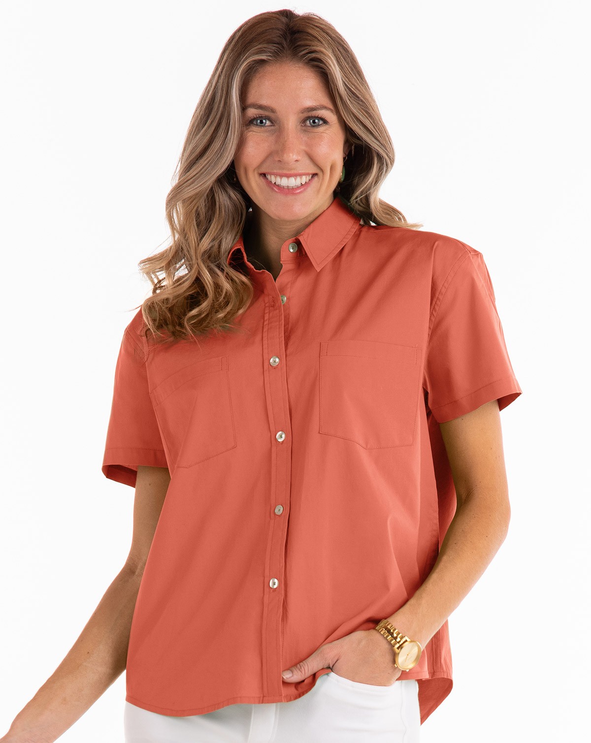 nwt FRESH PRODUCE XSmall Poppy red Oxford Camp Shirt cotton/spandex blend $64.