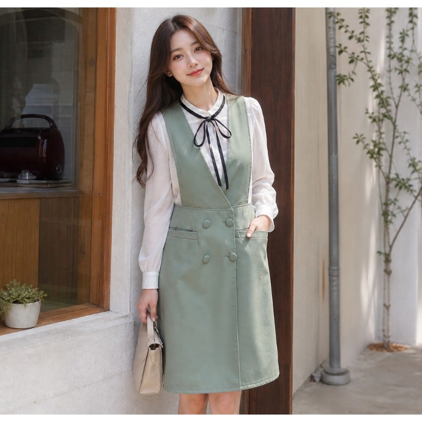 Korean Style 2 Piece Set Sage Green Pinafore Dress White Sheer Blouse Bow XS