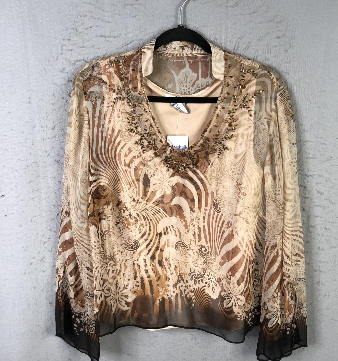 Fairy Grunge Top Womens 1X Brown Beige Silk Sheer Beaded Party Statement NEW