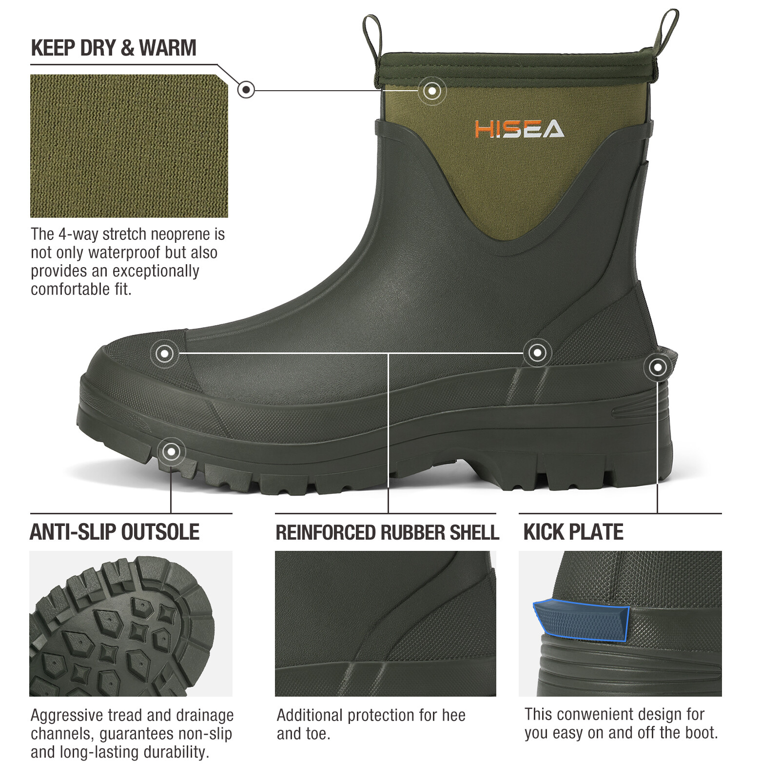 HISEA Men Waterproof Slip On Chelsea Rain Boot Steel Shank Garden Work Ankle Boo