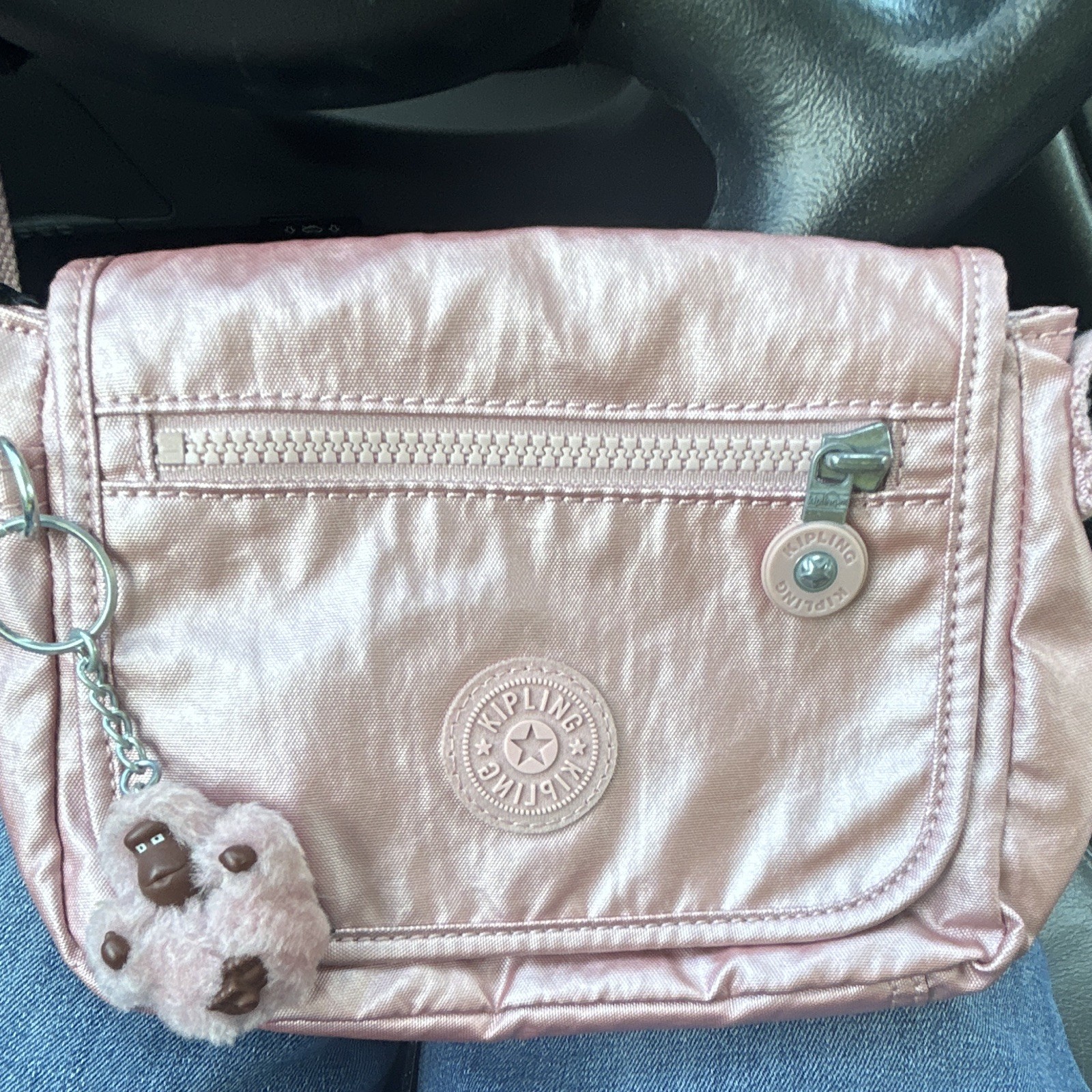 Kipling Pink Metallic Crossbody Bag Silver Hardware Zip Closure Monkey Keychain