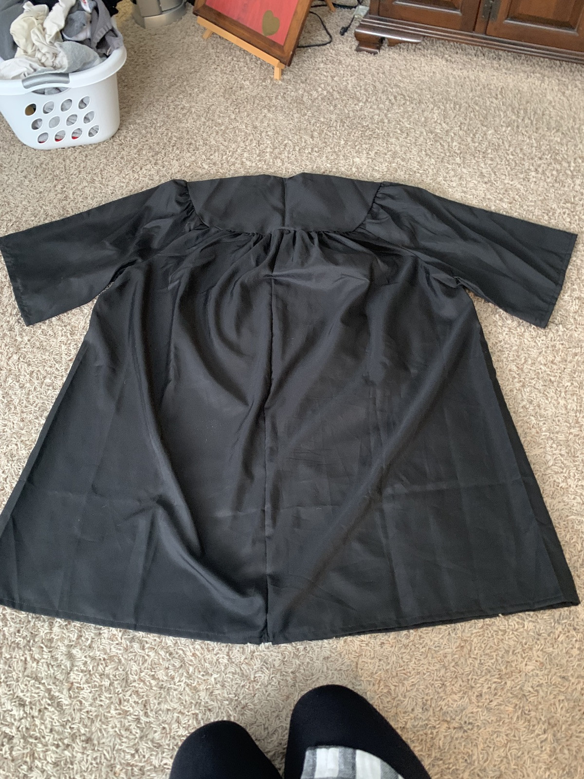 Black Graduation Gown Worn Once, Zip Front, 47.5″ Shoulder to Bottom